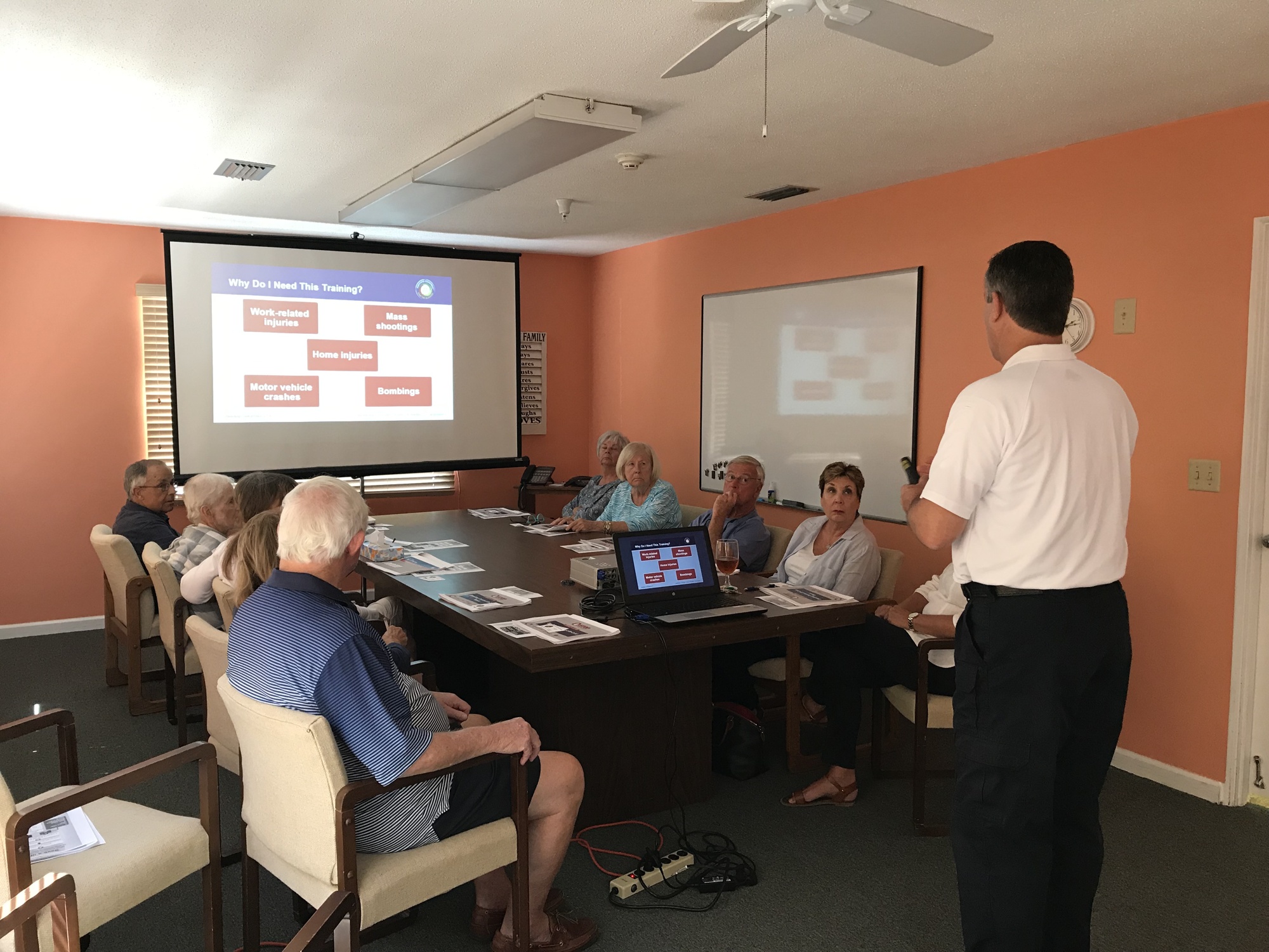 A Longboat Key Fire Rescue Department member gives a presentation on controlled bleeding at a Stop the Bleed training session. (Photo courtesy of Longboat Key Fire Rescue Department)
