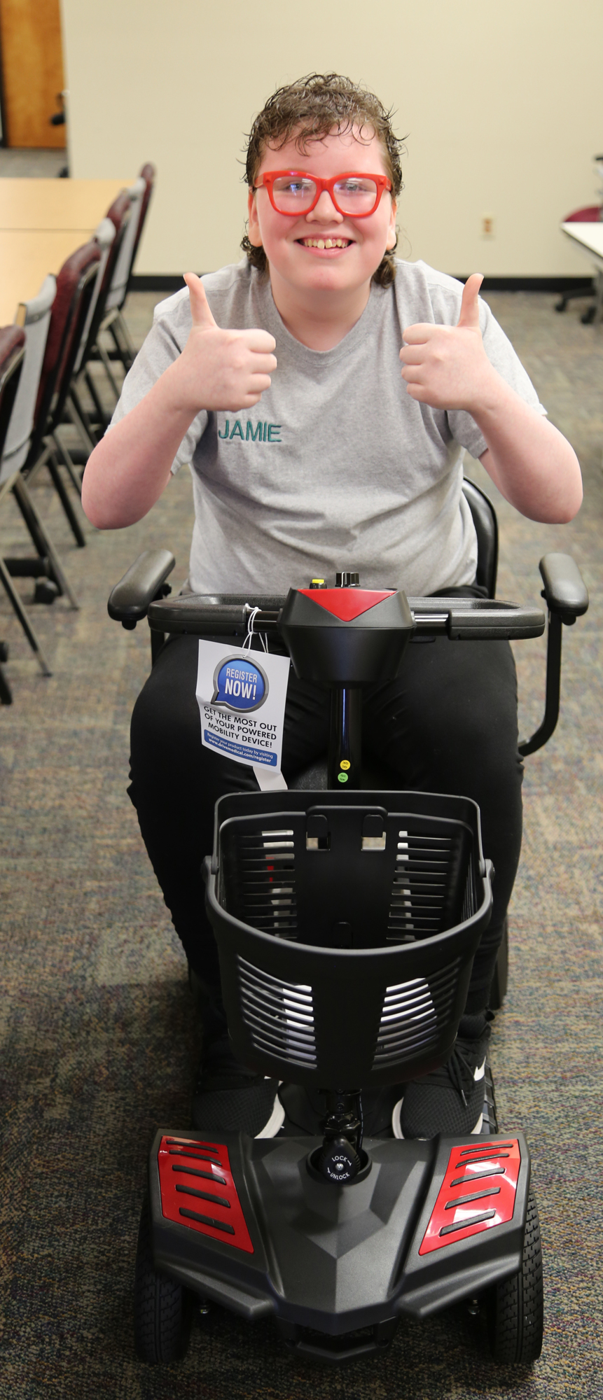 Thanks to additional funding, the organization was able to provide Jamie Cothron with a new motorized scooter last year.