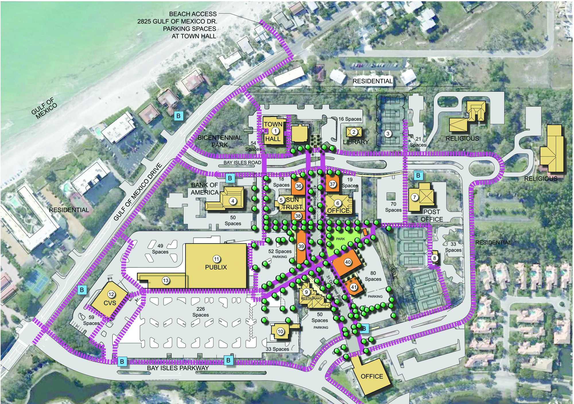Sarasota architect Gary Hoyt created this rendering of a town center parkway, including the much-discussed center for the arts, culture and education (40 and 41) and a new road to extend from Bay Isles Road to Bay Isles Parkway.