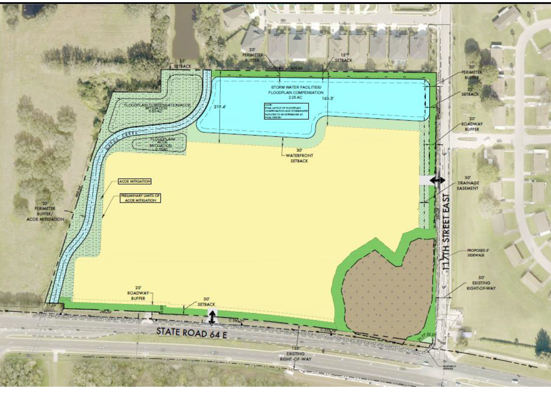 This general development plan shows how the property may be developed in terms of buffering, stormwater retention, wetlands and paved areas. Courtesy rendering.