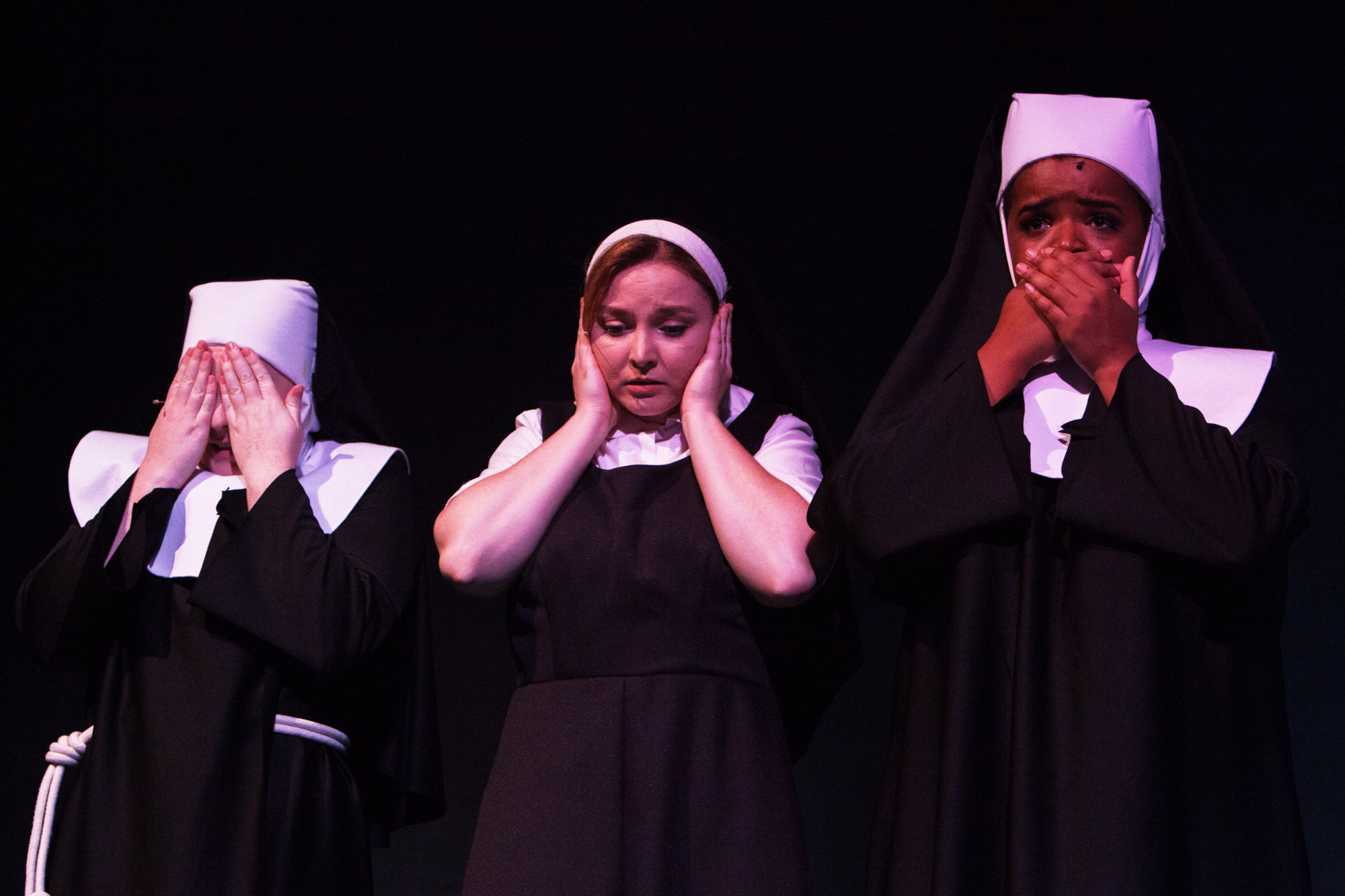 Sister Mary Patrick (Lexi Zawatke), left, and Sister Mary Robert (Brenna Griffith) join Deloris (Javisha Strong) in sight gag that's an oldie but a goodie. Photo: Don Daly
