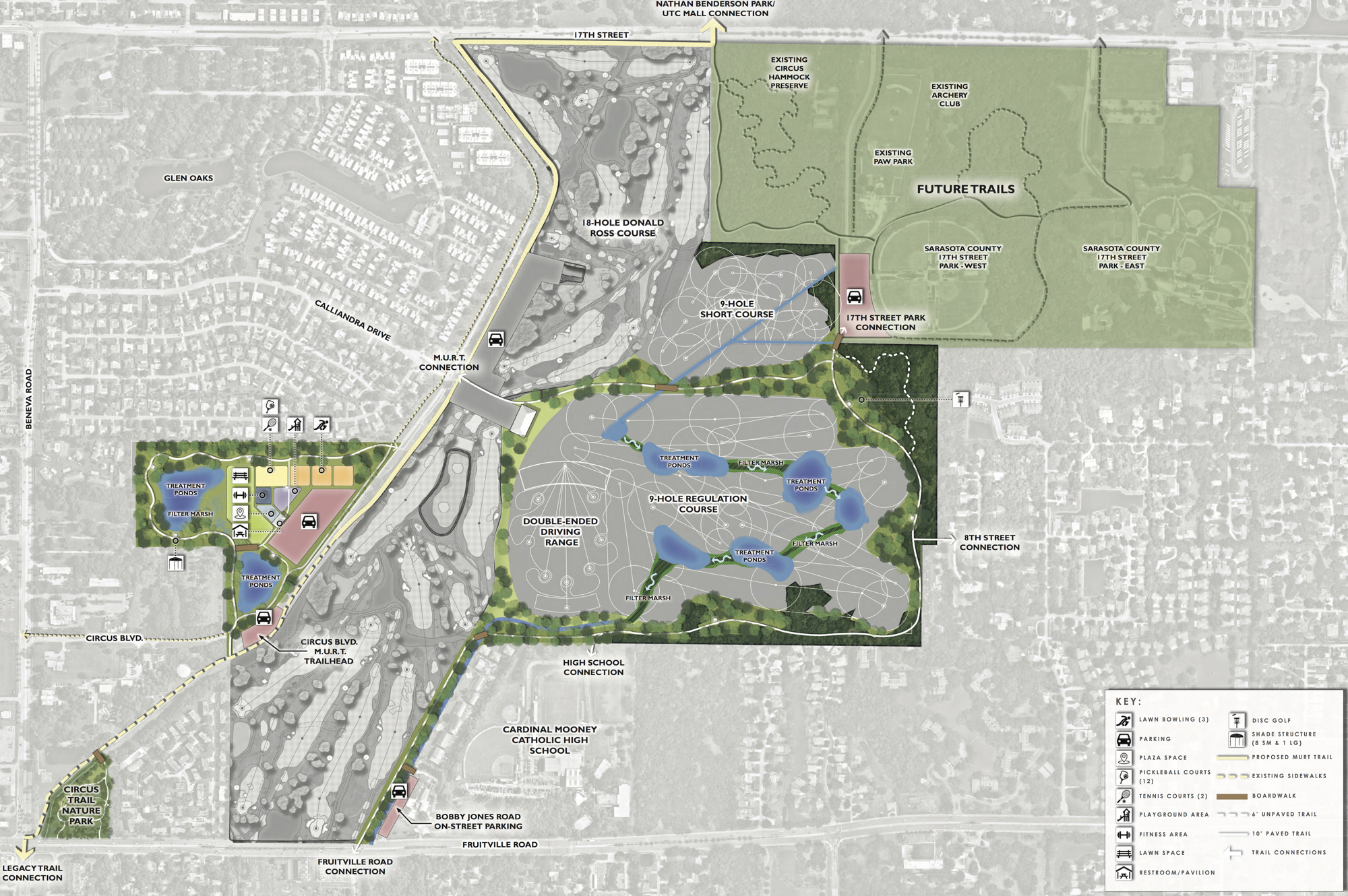 Option one includes a community park west of Circus Boulevard, green space in the northeast corner of the property and trails through and around the golf course.