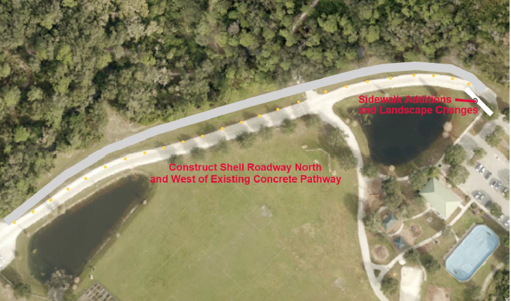This rendering shows an added shell pathway for vehicular pathway to the north and west of the existing concrete path, which will be used for pedestrians and bicyclists. Courtesy photo.