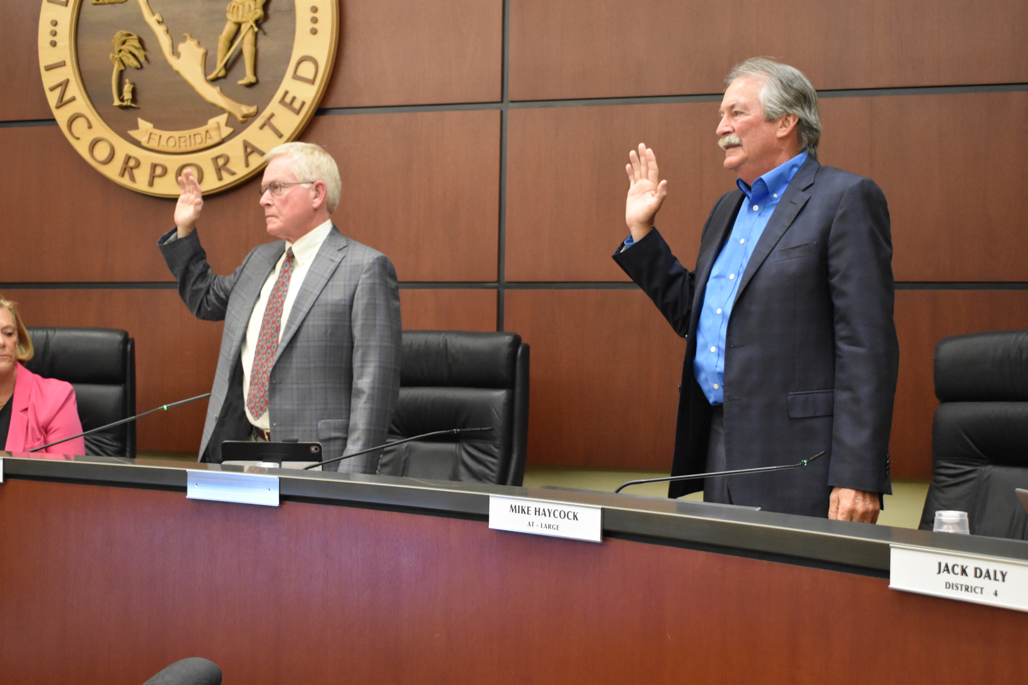 Commissioners Ken Schneier (left) and Mike Haycock (right) are sworn in as the Longboat Key mayor and vice mayor, respectively. The selection of a new mayor and vice mayor happened at a statutory meeting on Monday, March 23, 2020.