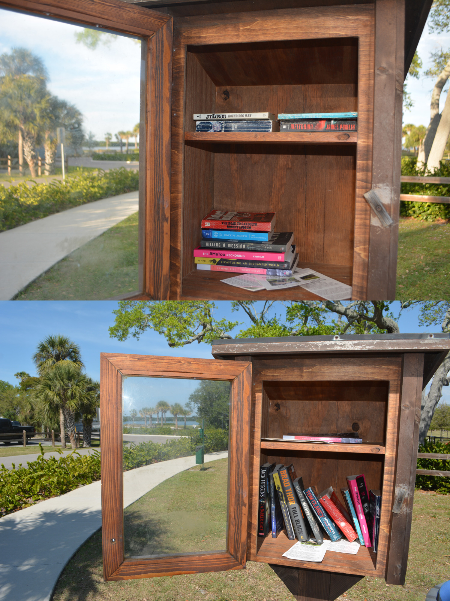 The Little Free Library at Bayfront Park on March 6 (top) and March 12.