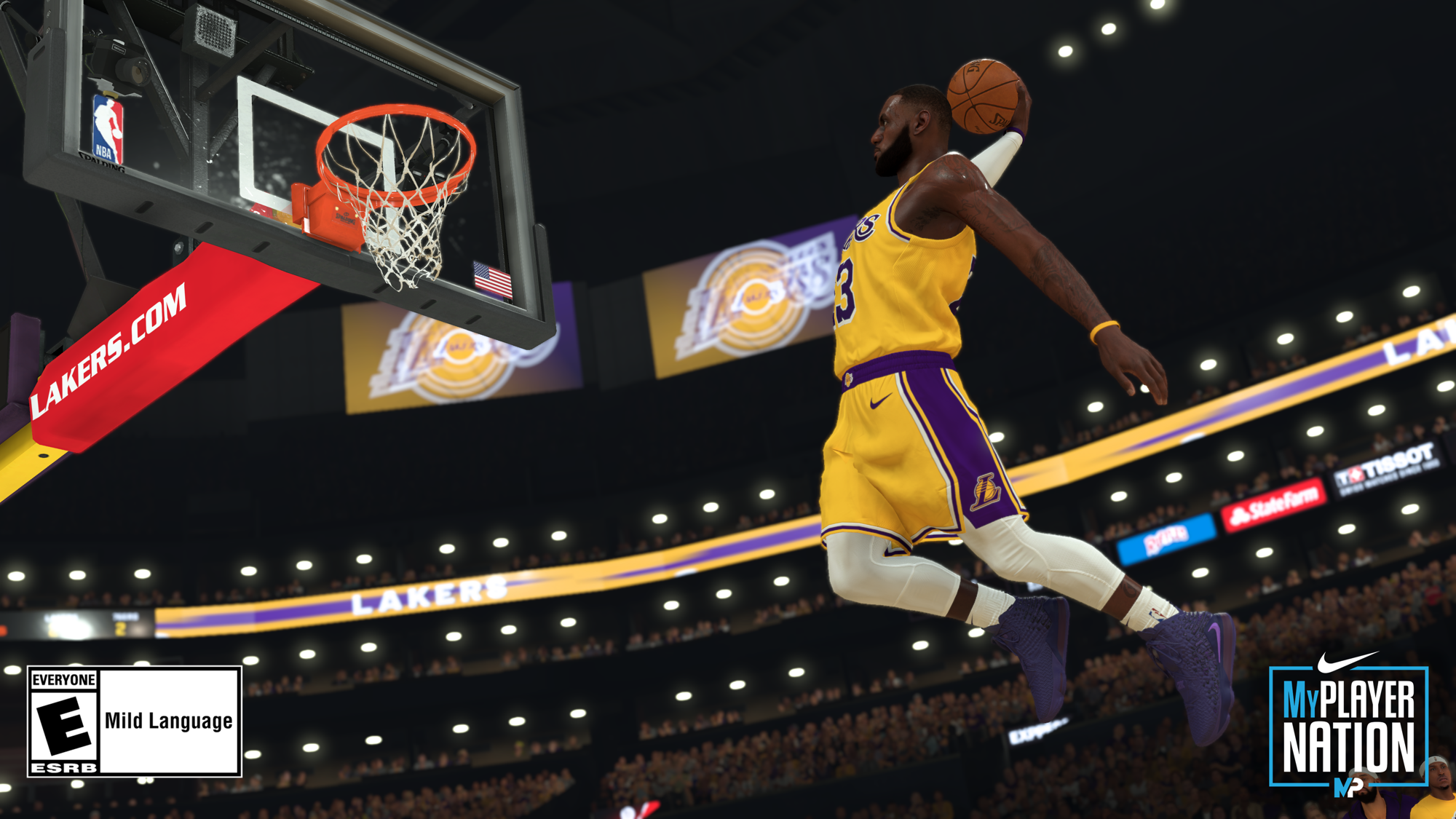A digital LeBron James soars for a dunk in 