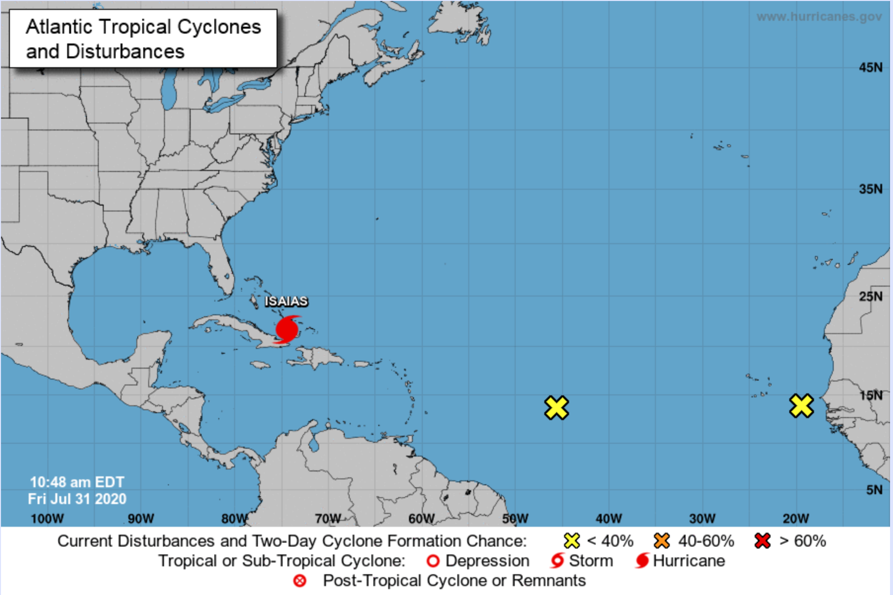 In addition to Hurricane Isaias, there are two other disturbances in the Atlantic Ocean as of Friday morning. Photo Courtesy: National Hurricane Center