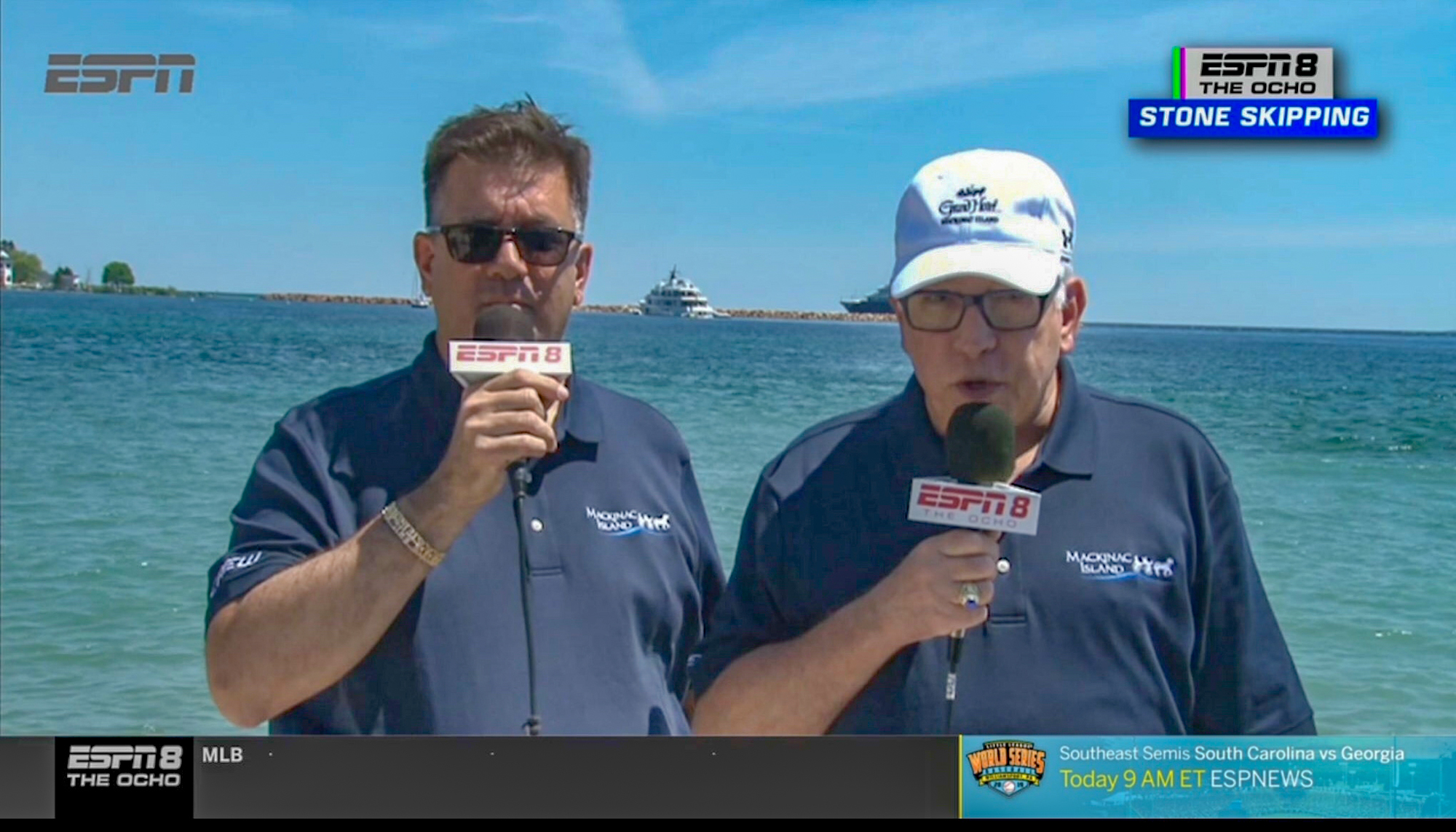 A screenshot from ESPN's airing of the Mackinac Island Stone Skipping Tournament, with Eric Steiner and Paul W. Smith on the call.