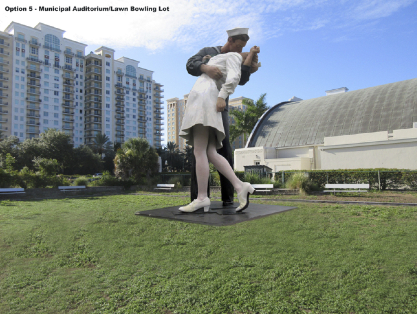 City staff produced mockups of Unconditional Surrender at several public sites as conversations continue about the future of the artwork. Image courtesy city of Sarasota.
