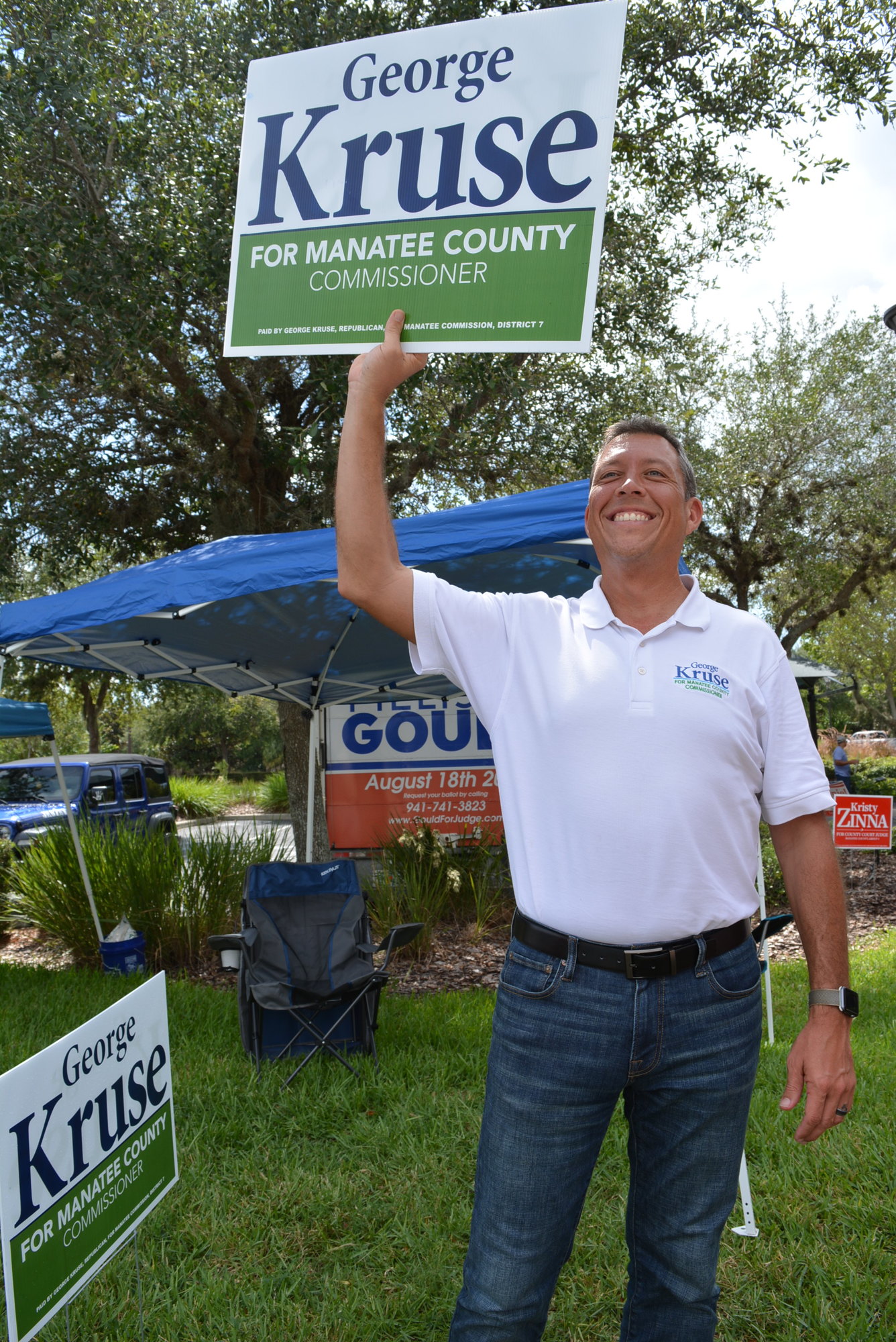 Manatee County District 7 candidate George Kruse campaigned outside Lakewood Ranch Town Hall on primary day.