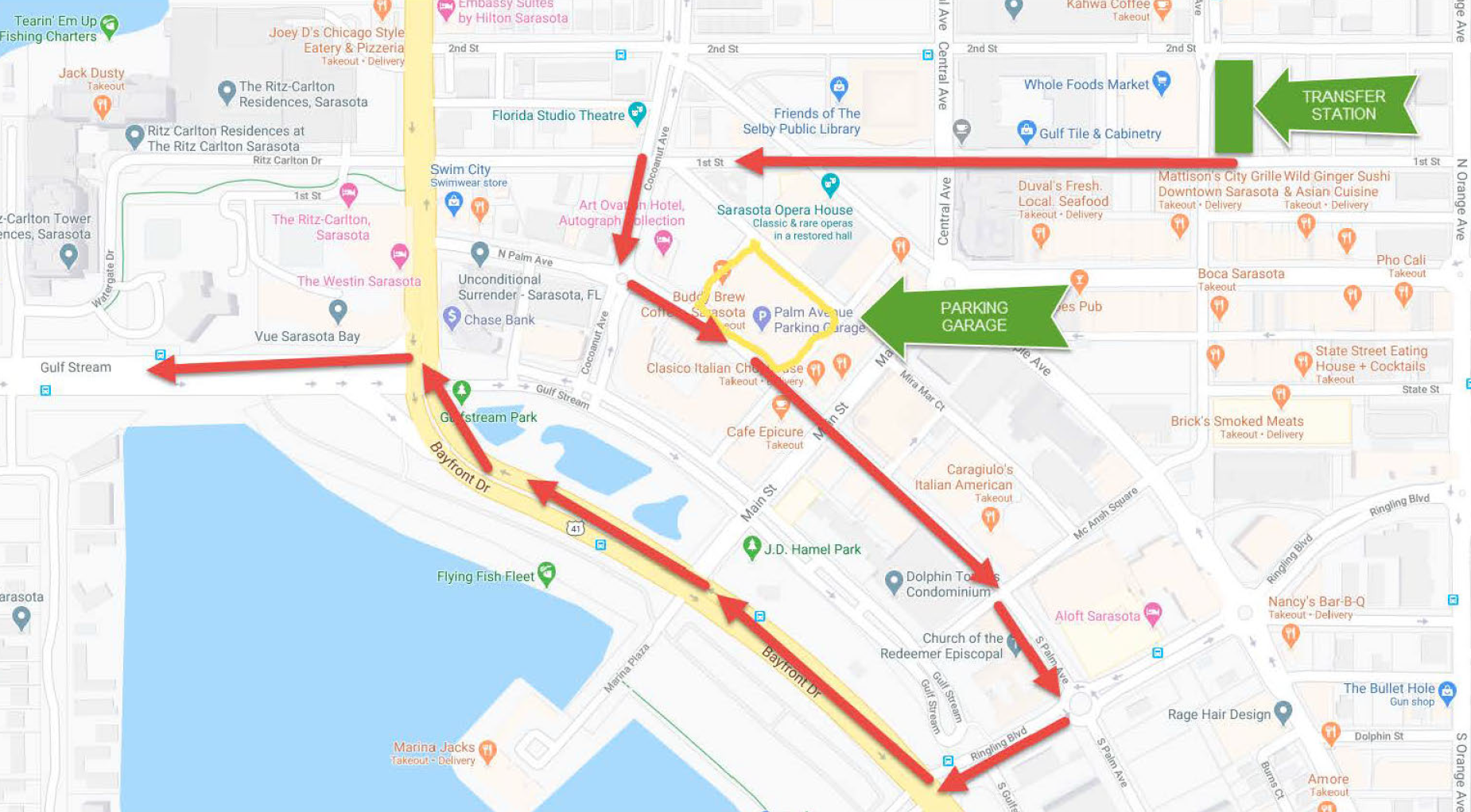 A look at the route for the proposed shuttle service between downtown Sarasota and St. Armands Circle. Map courtesy of the Florida Department of Transportation.