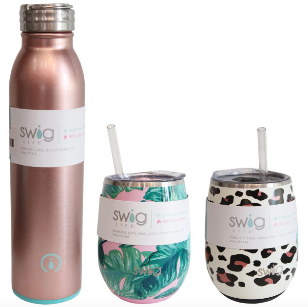 Swig Life shimmer bottle, $32: This 20-ounce container keeps drinks cold for 24 hours or hot for 12. | Stemless wine cup, $28: Embrace your inner wild with these fun and playful designs, perfect  for sipping pinot  on the patio.
