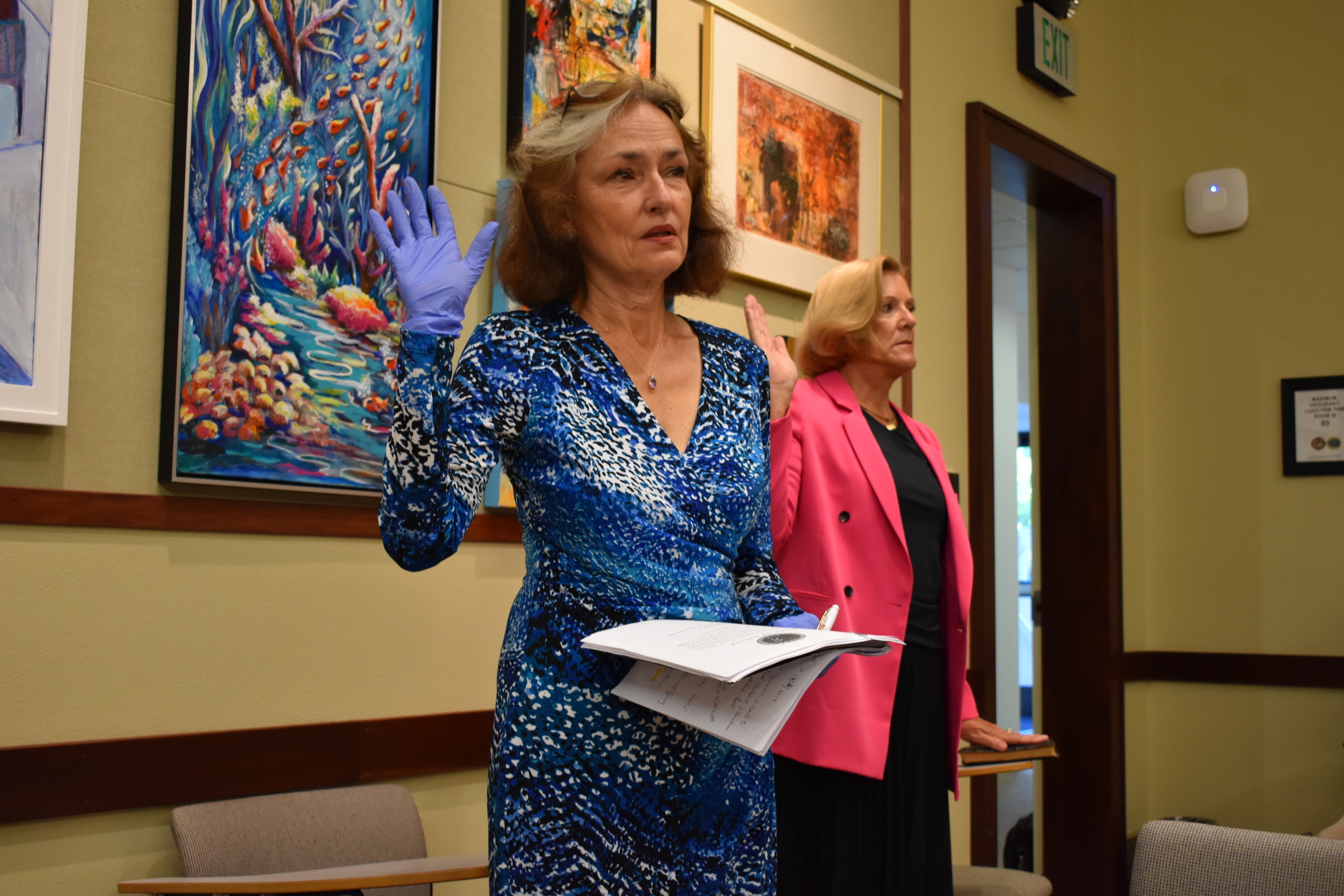 Sherry Dominick (left) and BJ Bishop (right) were sworn in to the Longboat Key Town Commission on March 23, 2020. So far, it's marked their first and only in-person meeting during their time on the commission.