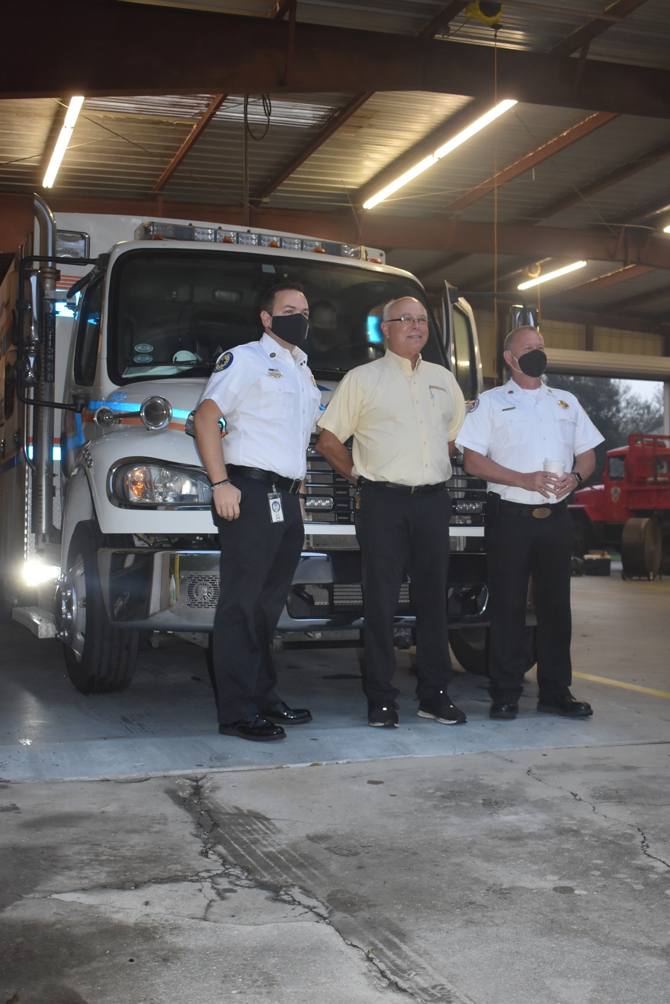 (From left) Manatee County EMS Chief James Crutchfield, Myakka fire chief Daniel Cacchiotti and East Manatee fire chief Lee Whitehurst were among those who addressed the welcome committee.