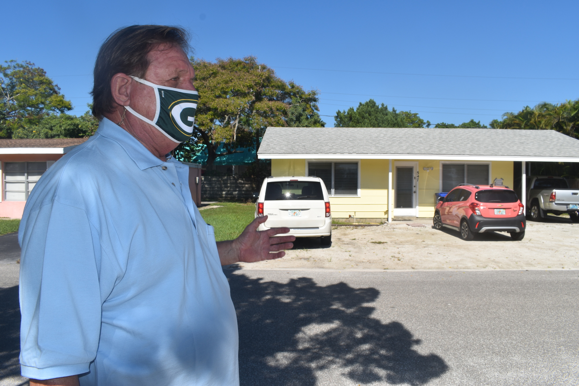 Harry Christensen explains the proposed changes to the two single-family structures at 535 and 547 St. Jude’s Drive.