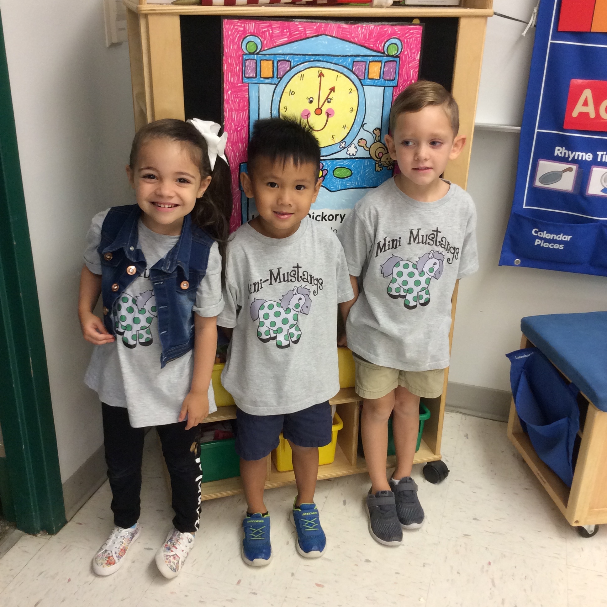 Mini Mustang pre-K students Olivia Mendez, Schuyler Nguyen and Cohen Dinkel-Calderone enjoy their time in class. Courtesy photo.