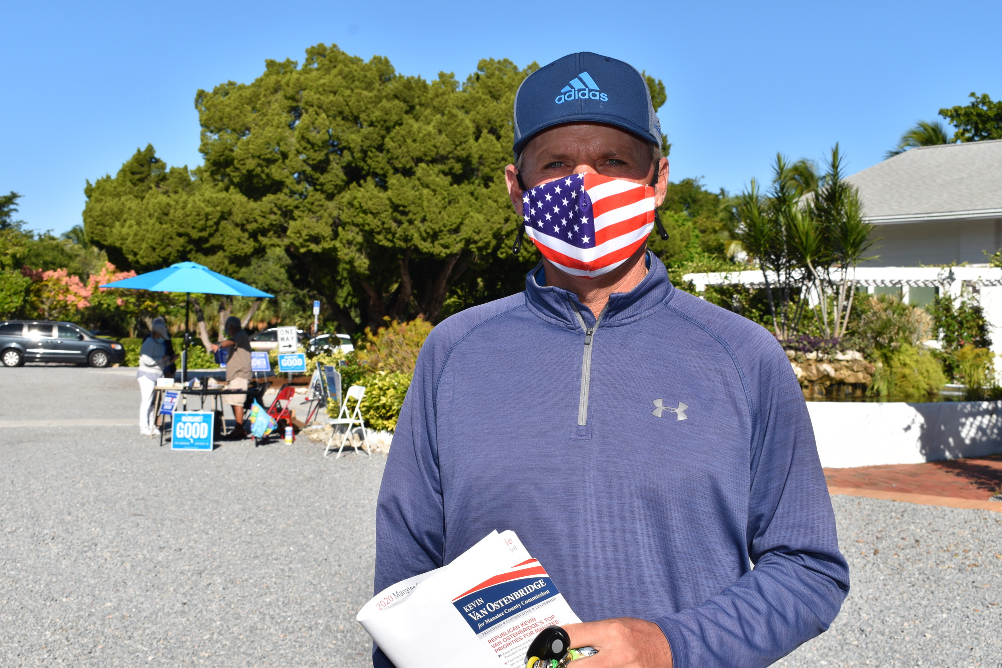 Terry O'Hara wore a mask with an American flag when he voted Tuesday morning at the Longboat Island Chapel.