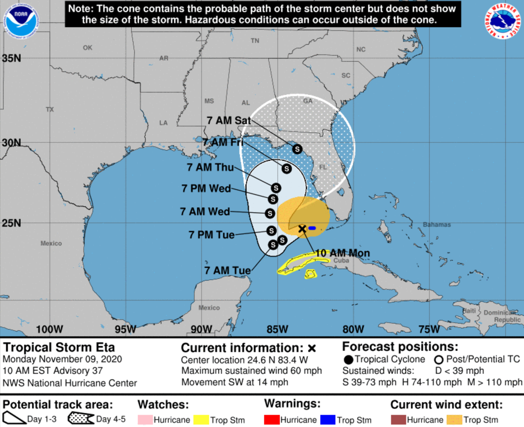 Tropical Storm Eta's forecast as of 10 a.m. Monday, Nov. 9, 2020. Photo Credit: National Hurricane Center
