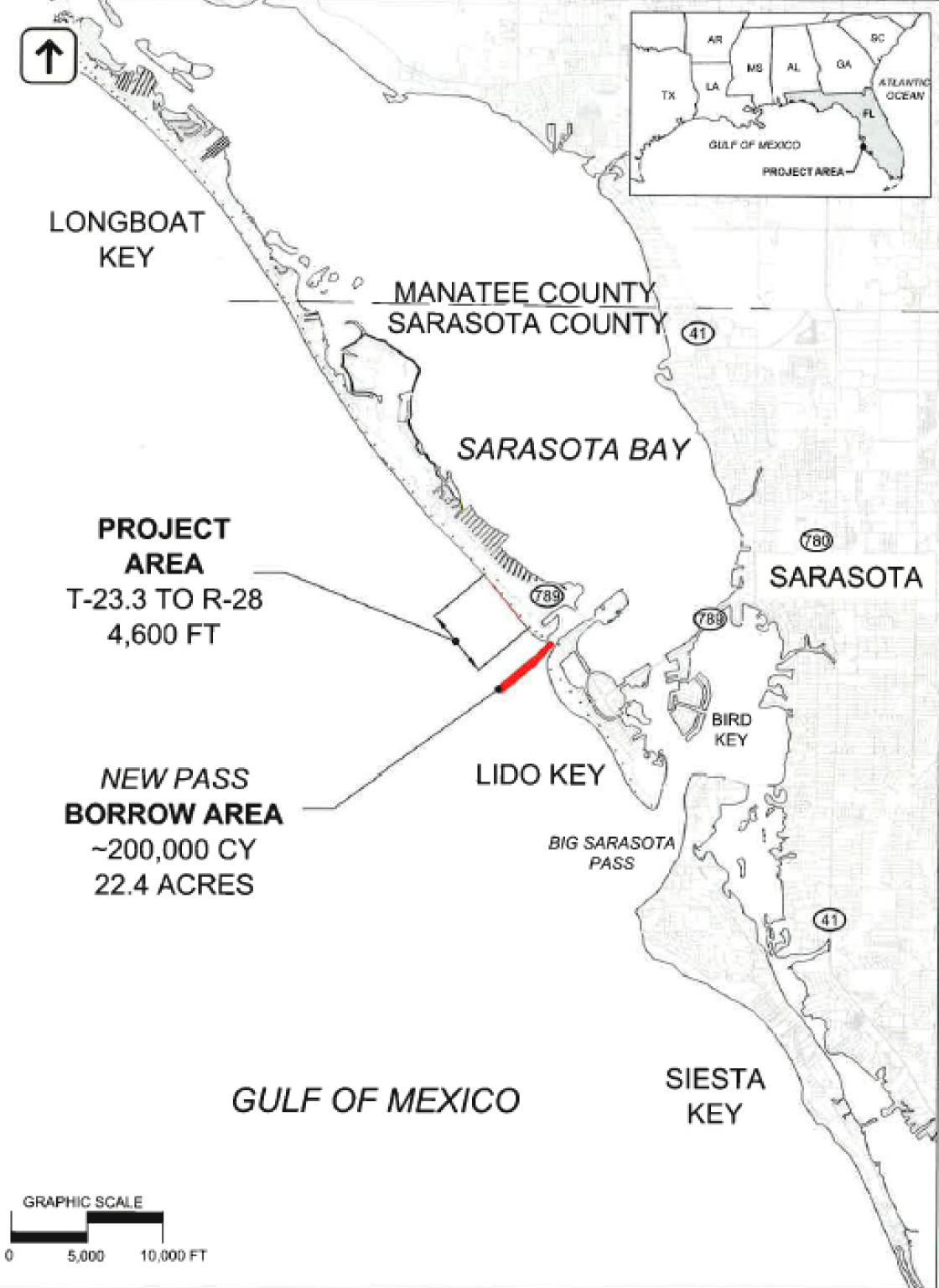A map outlines the town of Longboat Key's plans for New Pass groin maintenance and south-end nourishment.