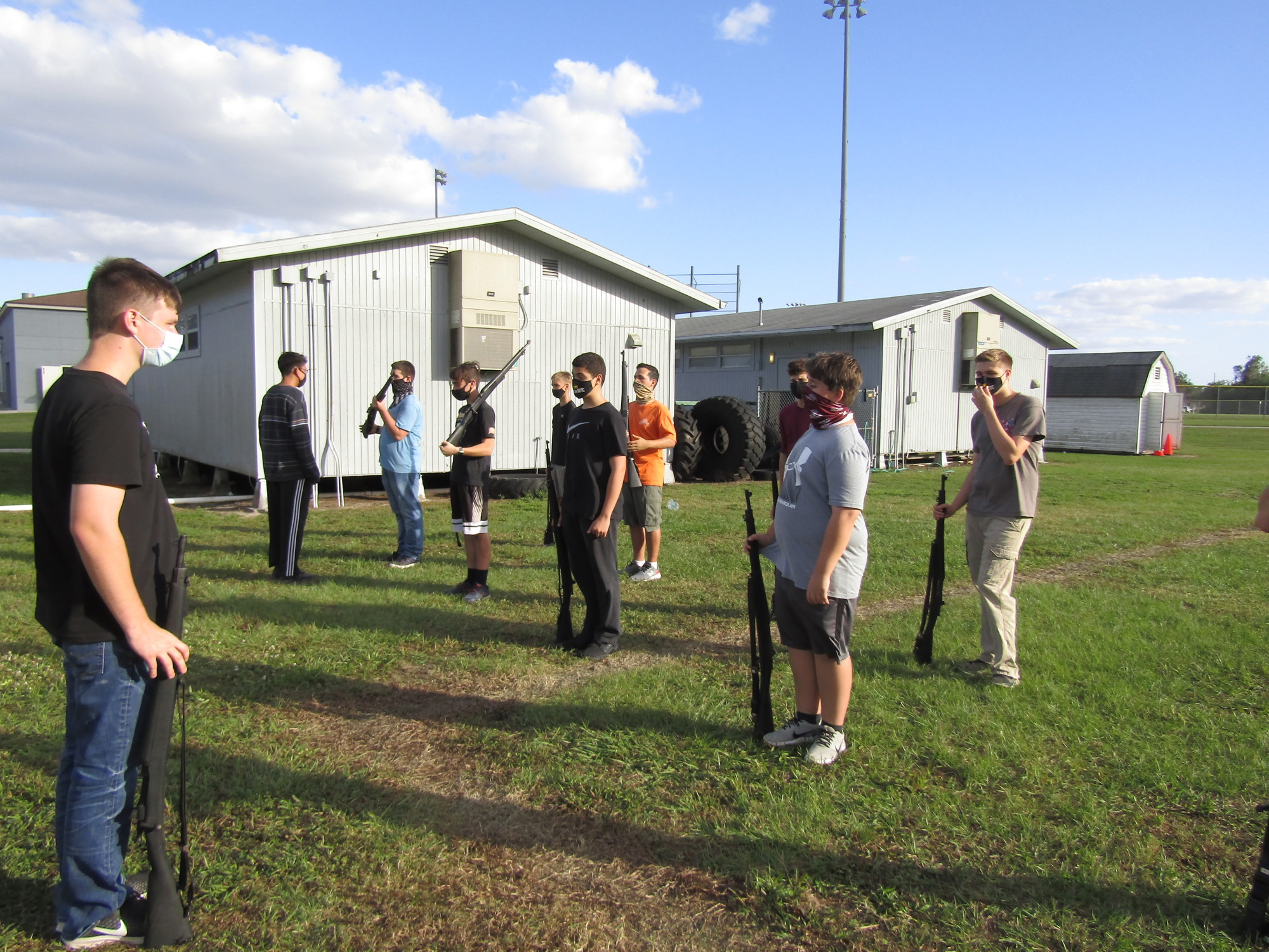 Braden River High School JROTC students practice social distancing and wear masks while training. Courtesy photo.