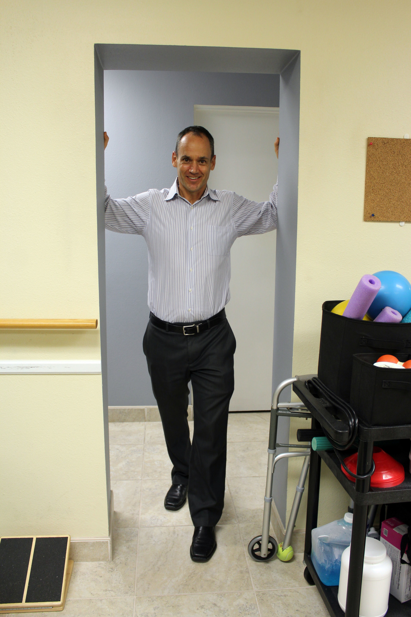 Stretching your chest on a door frame can relieve tightness and improve posture.