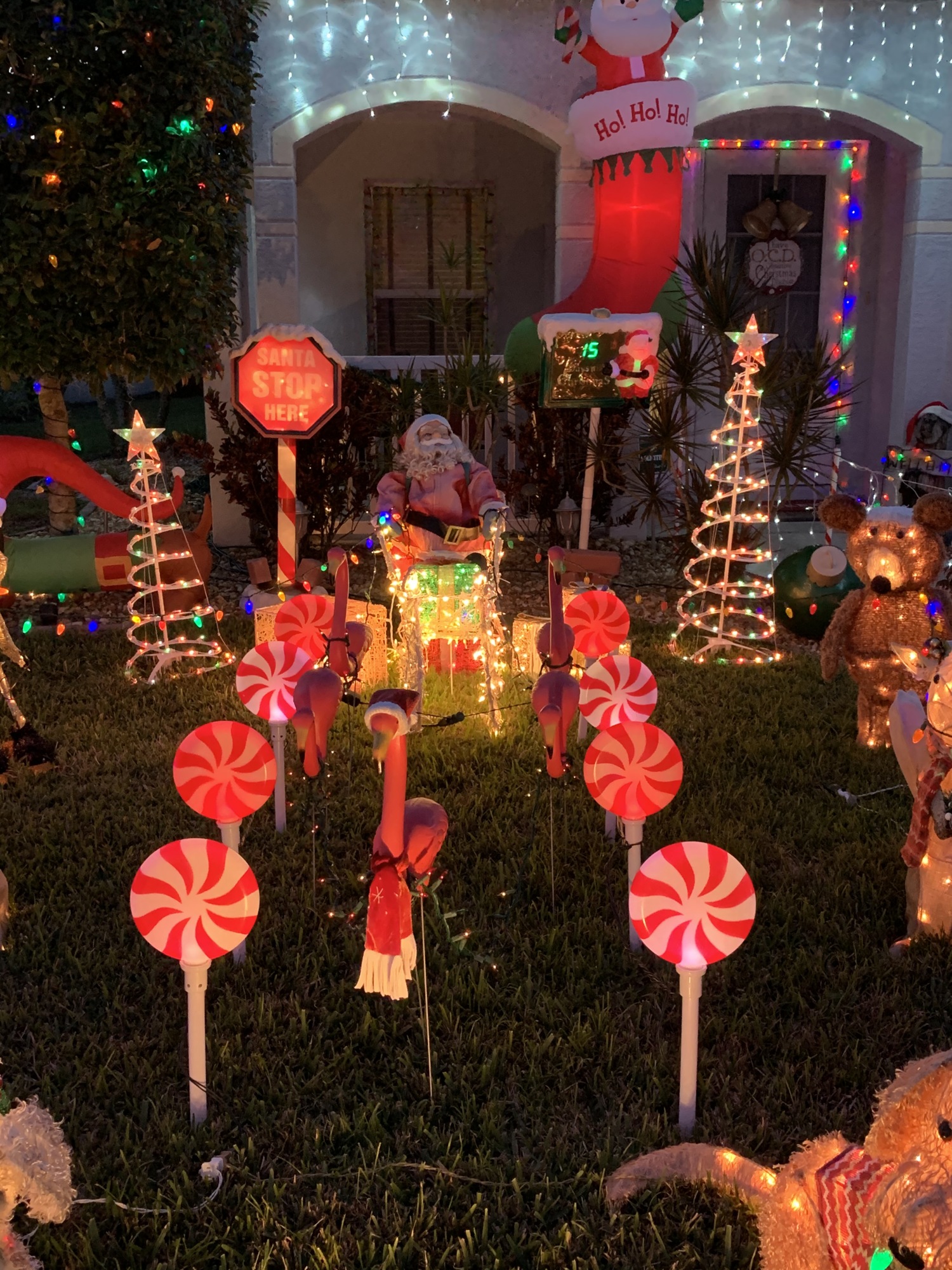 Ray Papiano's favorite aspect of his display is the flamingos flying Santa's sleigh. Photo by Liz Ramos.