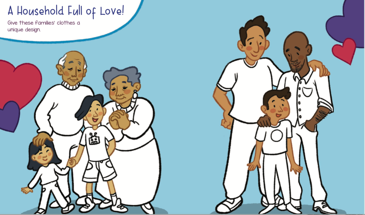 The coloring book puts an emphasis on different types of family structures.