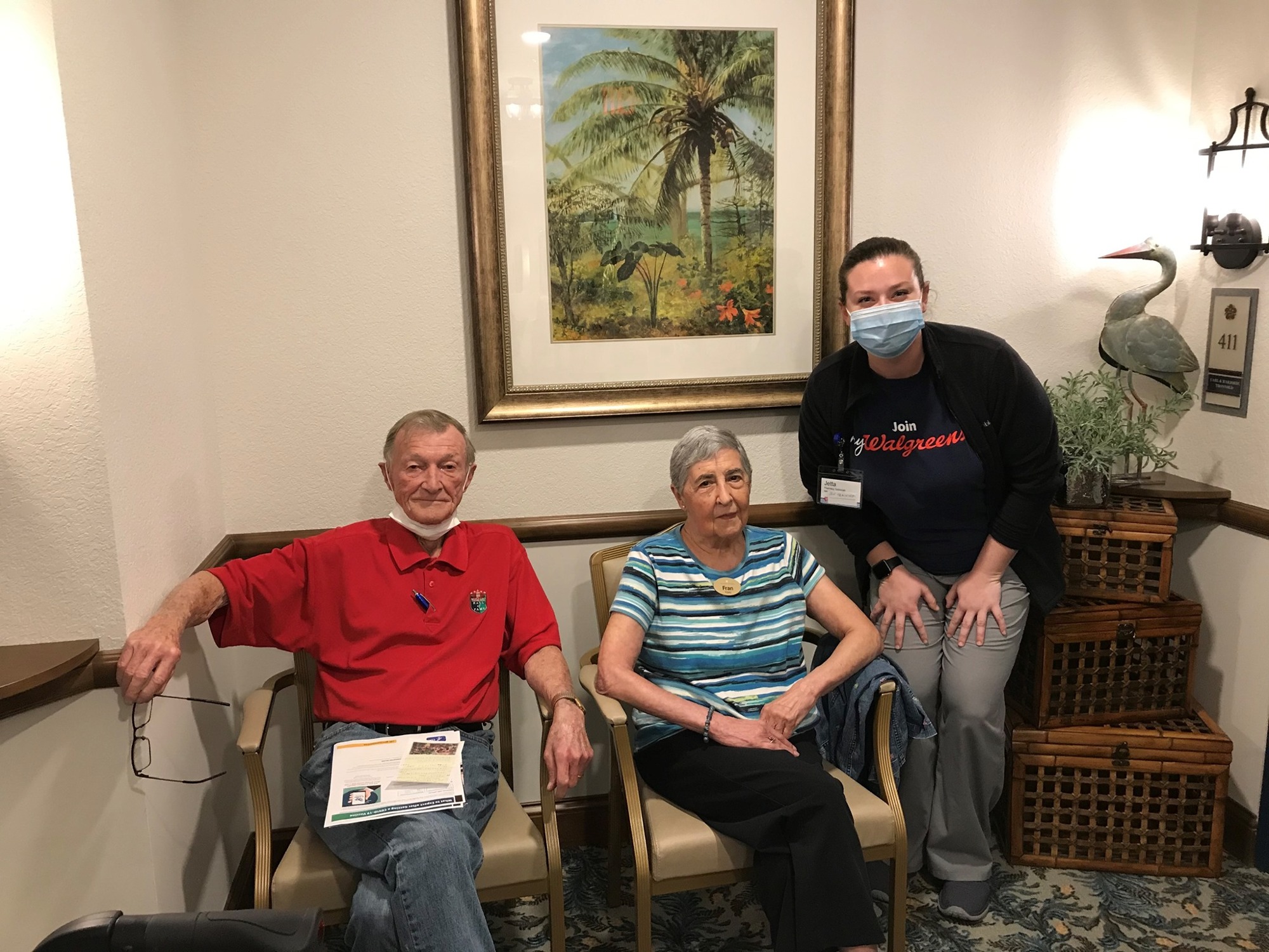 Ed Kipley and Fran Kipley wait for 15 minutes with a Walgreens employee to monitor for adverse effects after receiving COVID-19 vaccines Jan. 11 at Grand Living at Lakewood Ranch. (Photo courtesy of Michelle Orlando)