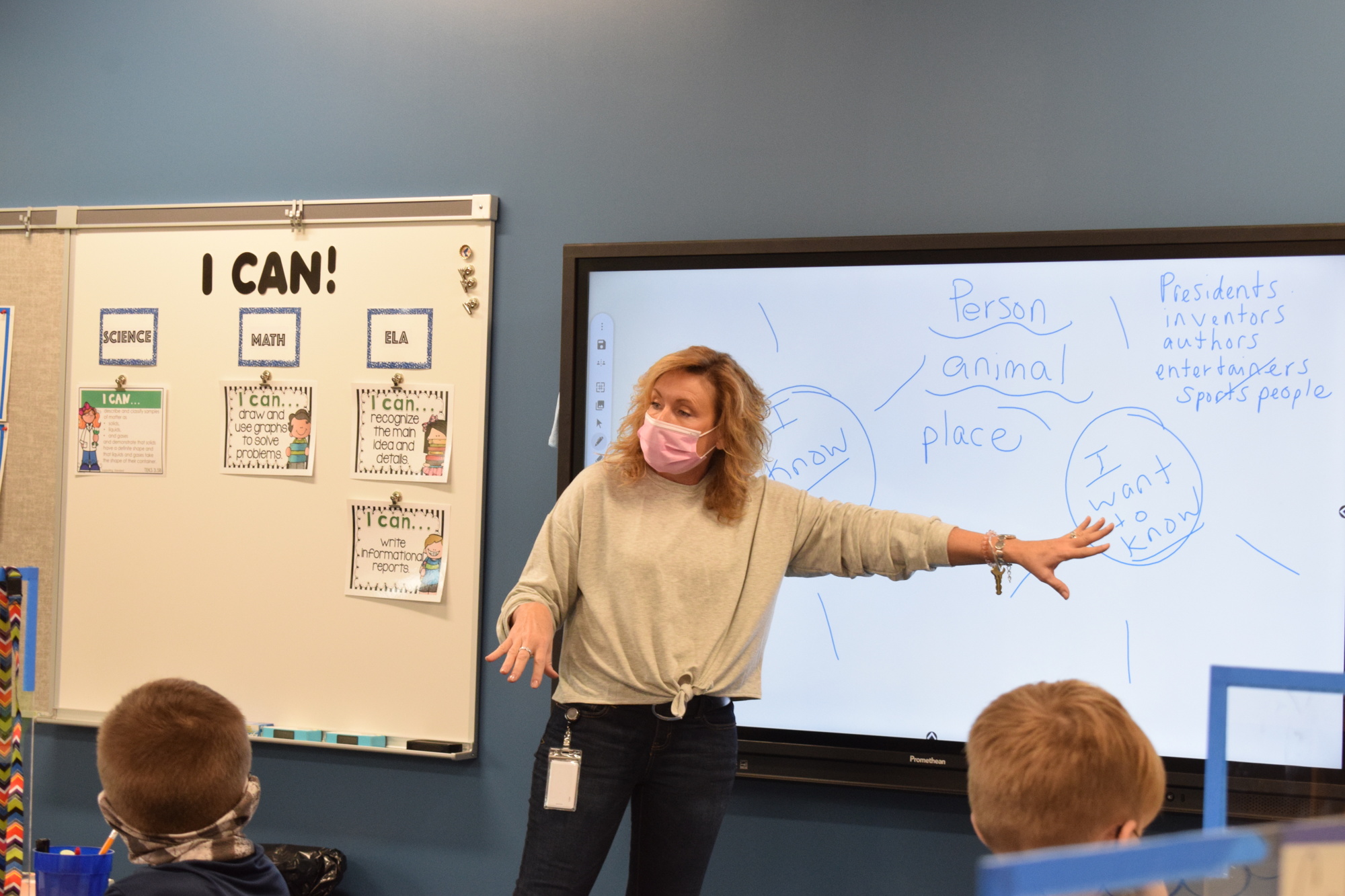 Cheryl Bulfin, a third grade teacher, uses her new Promethean board to guide her students through a lesson.