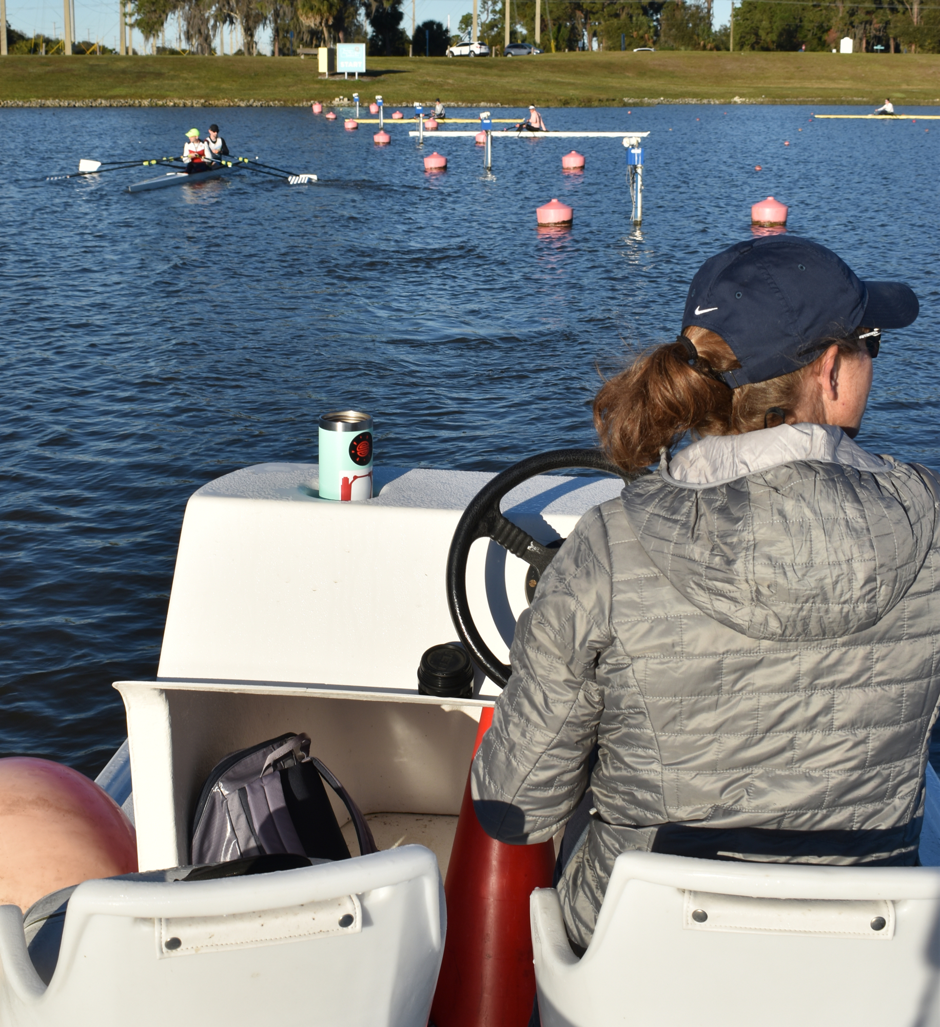 USRowing assistant coach Hilary Gehman works with Olympic hopefuls for the quad rowing team. Excluding athletes who are training for the Olympics, few rowers are coming to Nathan Benderson Park this winter. (Courtesy of SANCA)