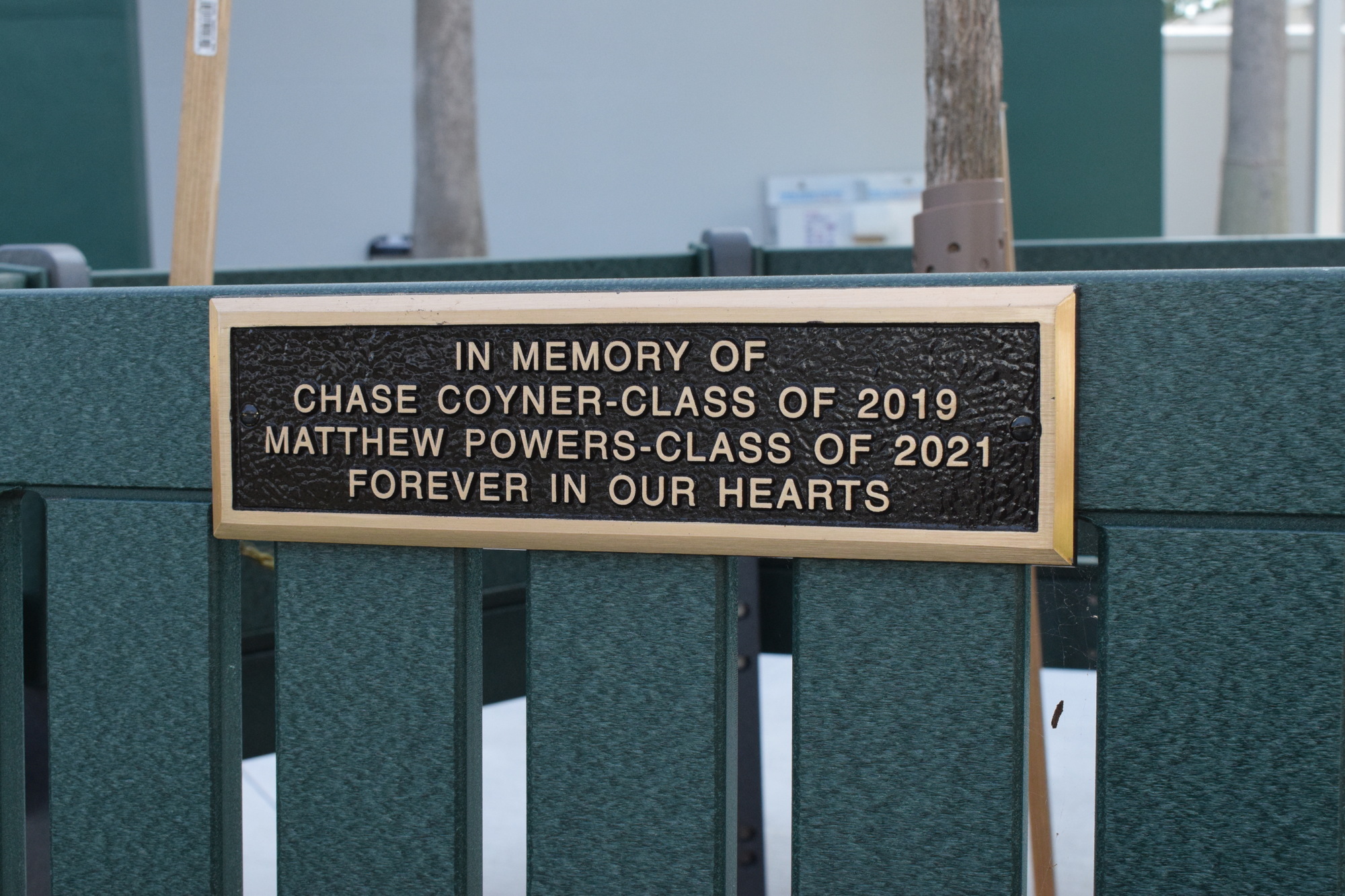 A bench on the Mustang Memorial Walk honors Chase Coyner and Matthew Powers, who died in a car accident in 2018.