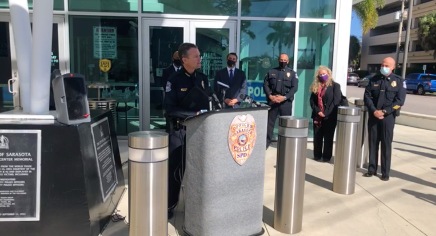 Jim Rieser said he was thankful for the opportunity to lead the Sarasota Police Department at a press conference today. Image via city of Sarasota.