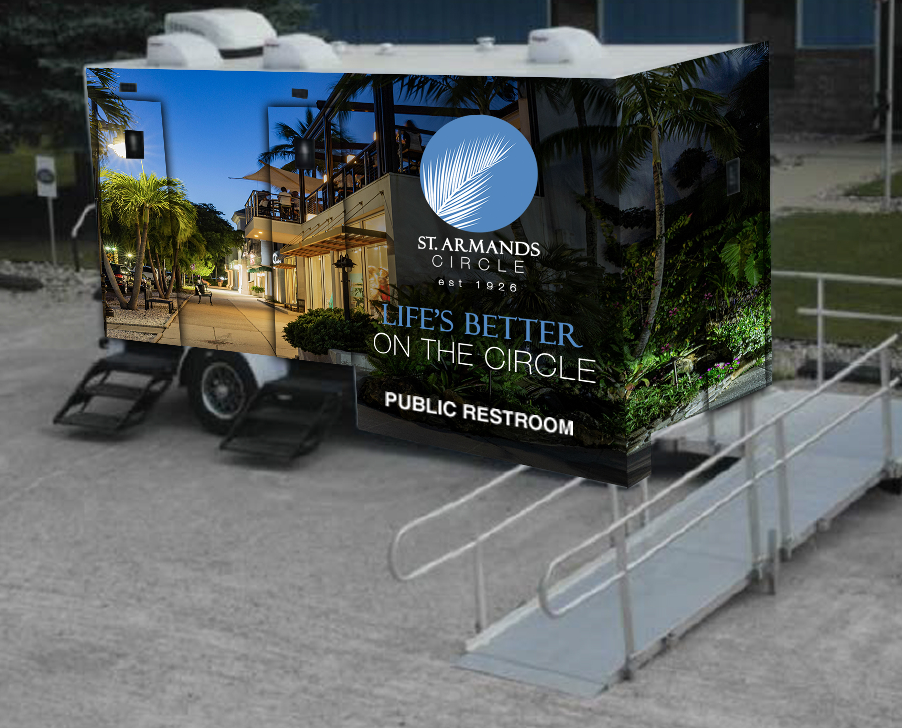 Marketing consultant Joe Grano provided concept images showcasing what a luxury restroom trailer could look like with custom skinning. Image courtesy Next-Mark.