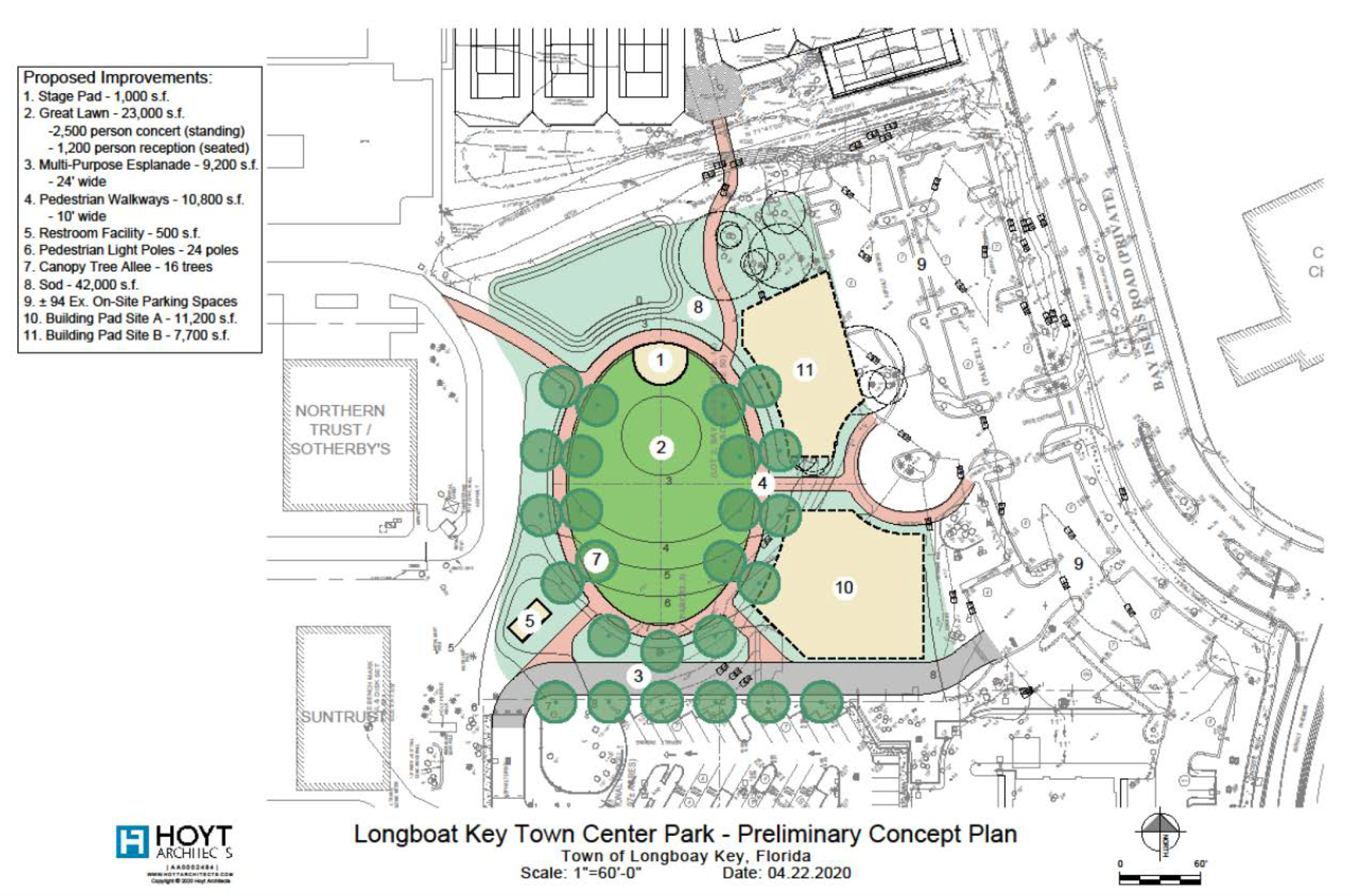 A concept plan from Hoyt Architects shows the possibility of up to an 11,200-square-foot structure at the northeast part of the Town Center site and up to a 7,700-square-foot structure at the southeast part of the property.