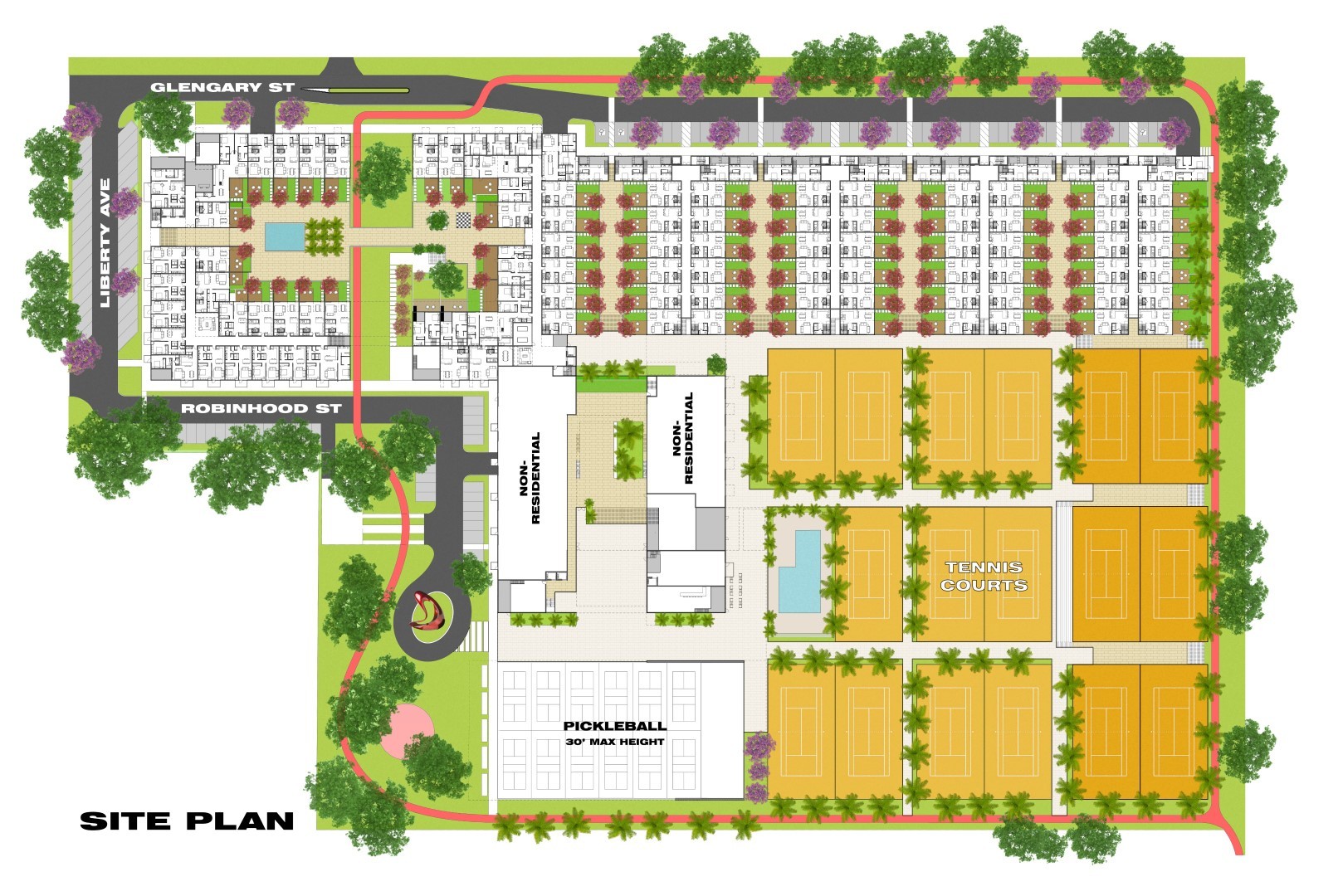There is a preliminary site plan for redeveloping the Bath and Racquet Club, but property owners are holding off on submitting an application until they find investors to build out the project. Image courtesy Halflants + Pichette.