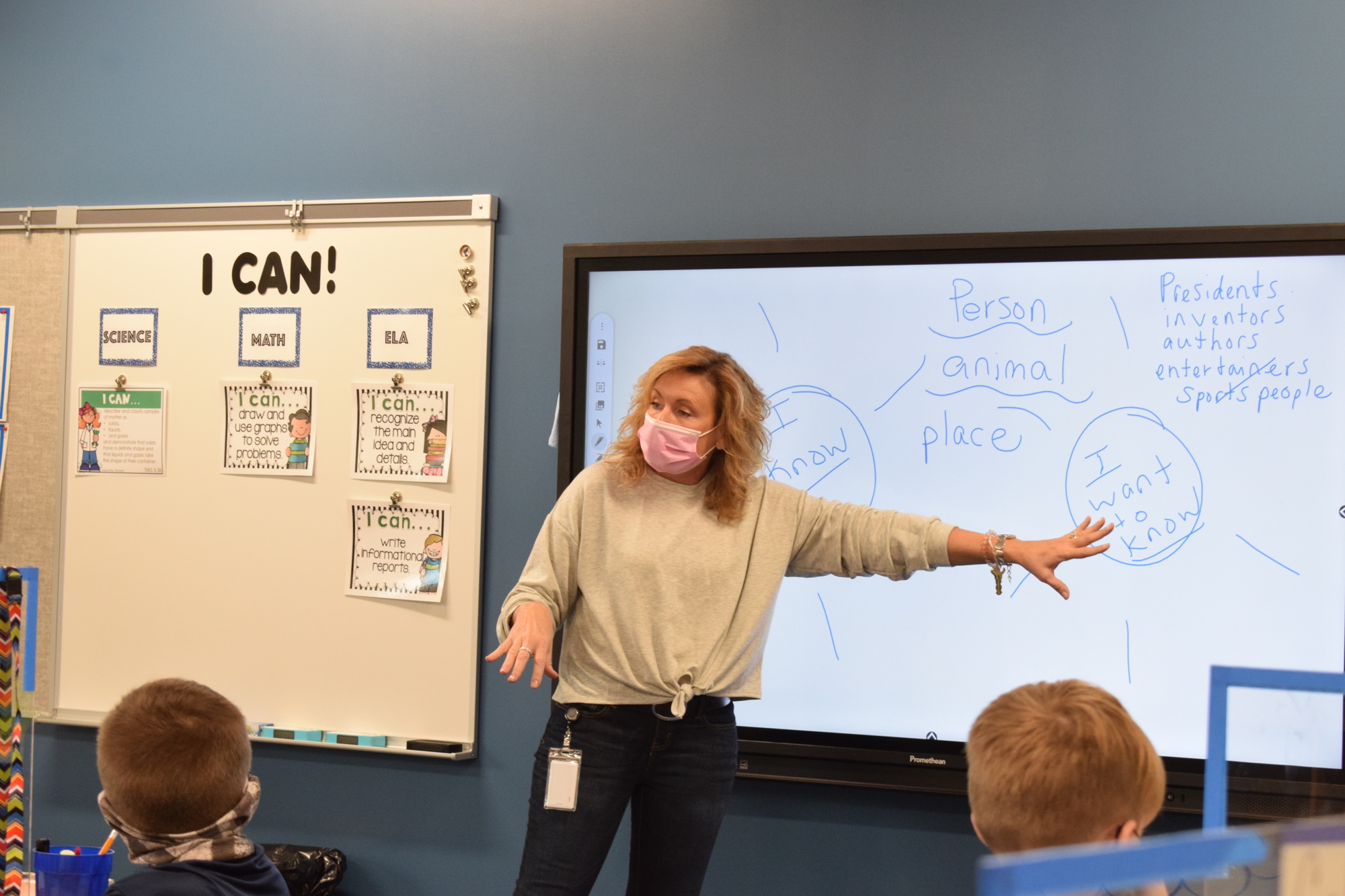 Cheryl Bulfin, a third grade teacher at Gene Witt Elementary, uses her new Promethean board to guide her students through a lesson. File photo.