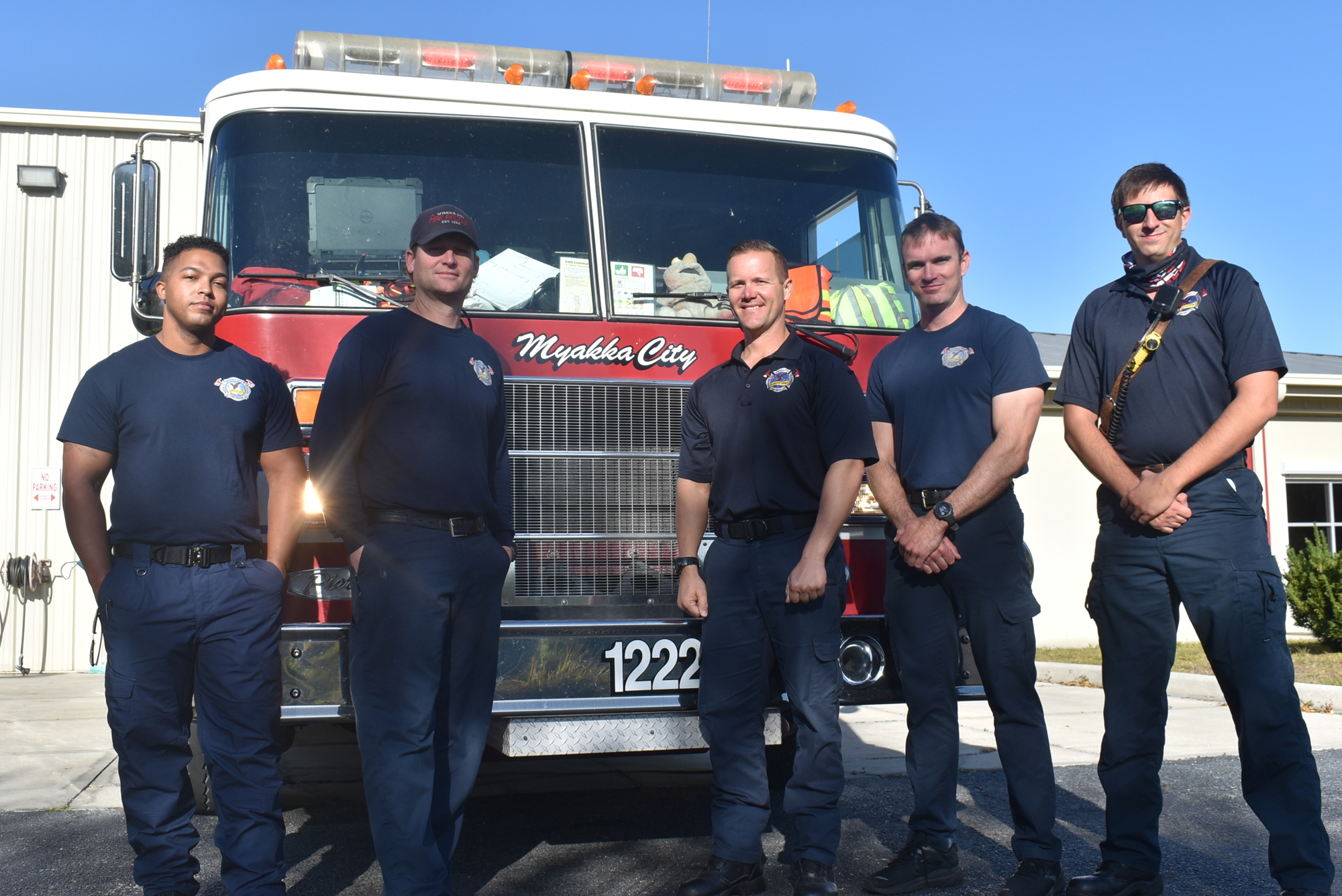 Robert Turner, Ben Guth, Trevor Garofalo, Ray Sullivan and J.T. Bacigalupi are Myakka City Fire Control District firefighters. Guth, Garofalo and Sullivan are leading the effort to introduce East Manatee firefighters to the area.
