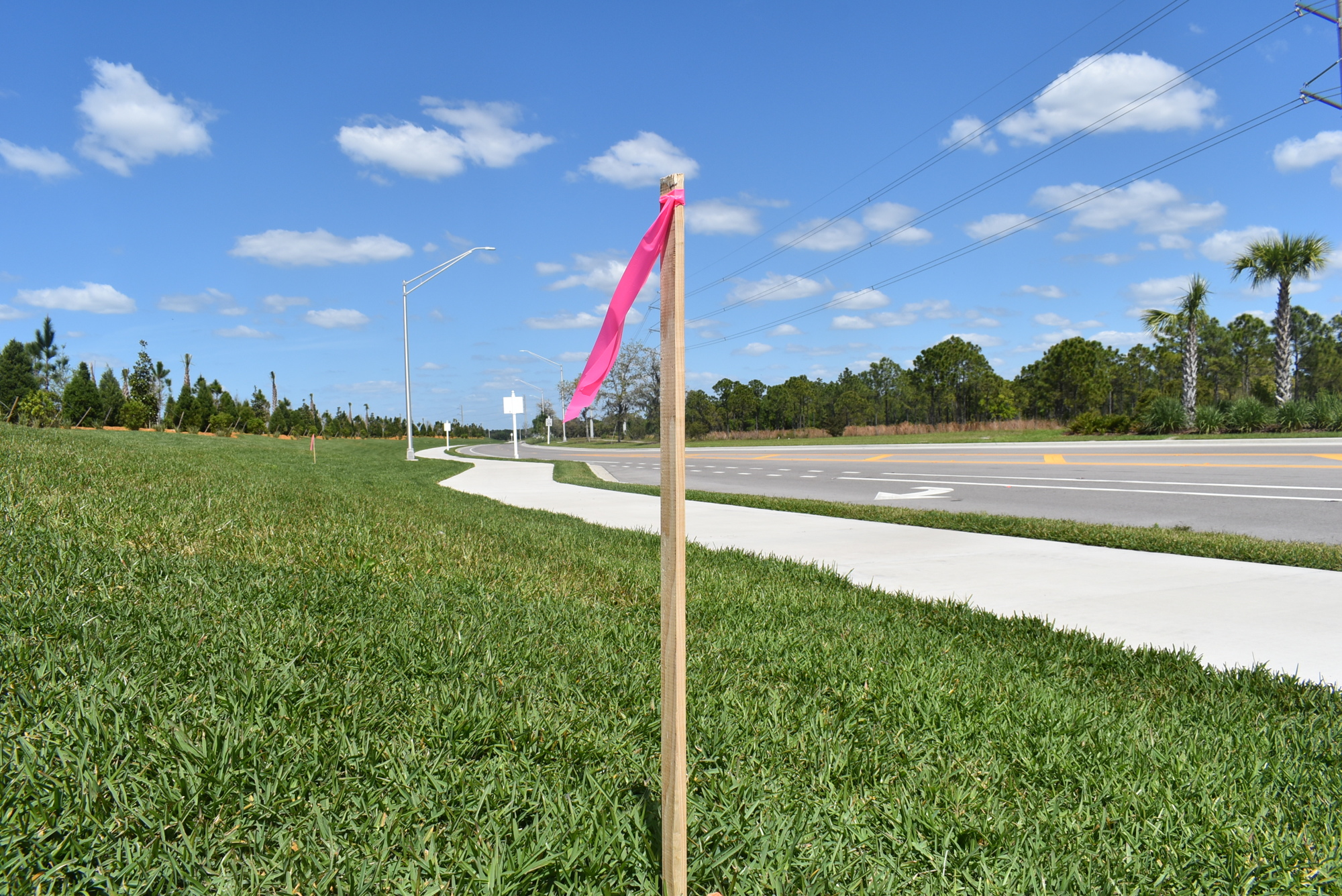 The portion of Manatee County's Future Development Area Boundary that is south of State Road 64 is located on Bourneside Boulevard. The land east of the line (right of the pictured stake) is protected from urban sprawl.