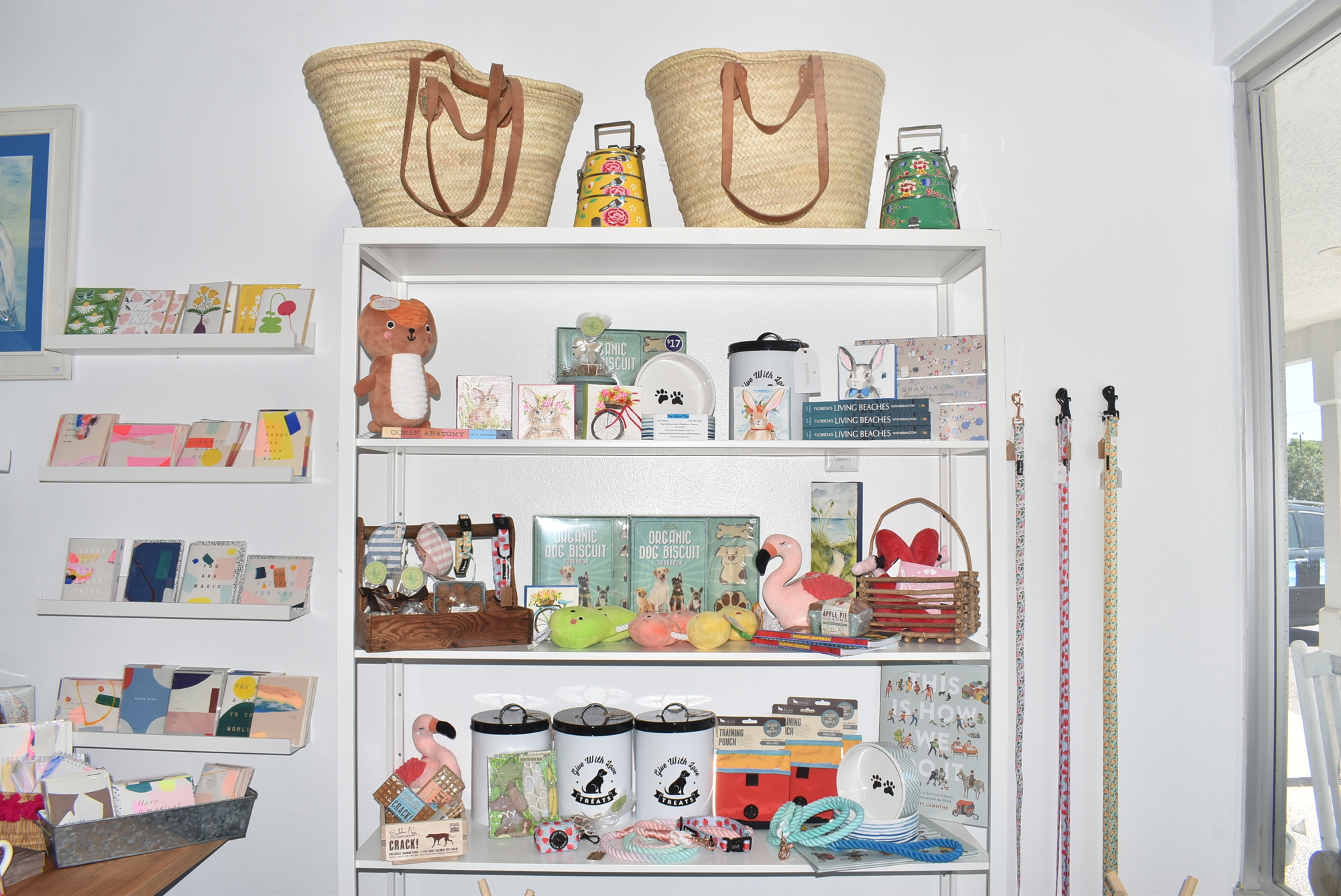 Lark Rippy's pet shelf features leashes and treats.