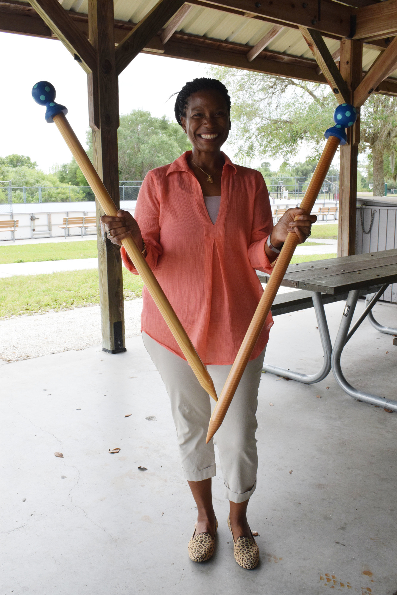Country Club East's Shelly Hopkins uses her giant knitting needles to knit her large projects such as afghan blankets.