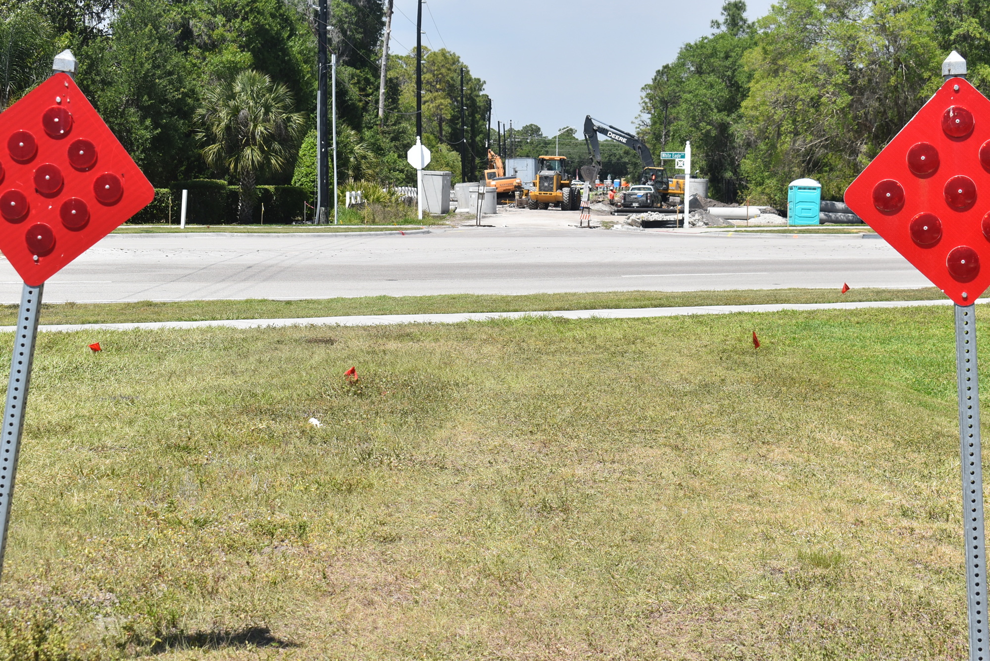 Seen across White Eagle Boulevard, construction on improvements to Pope Road is underway. Construction is focused on a quarter-mile stretch of Pope Road from White Eagle Boulevard to State Road 64.