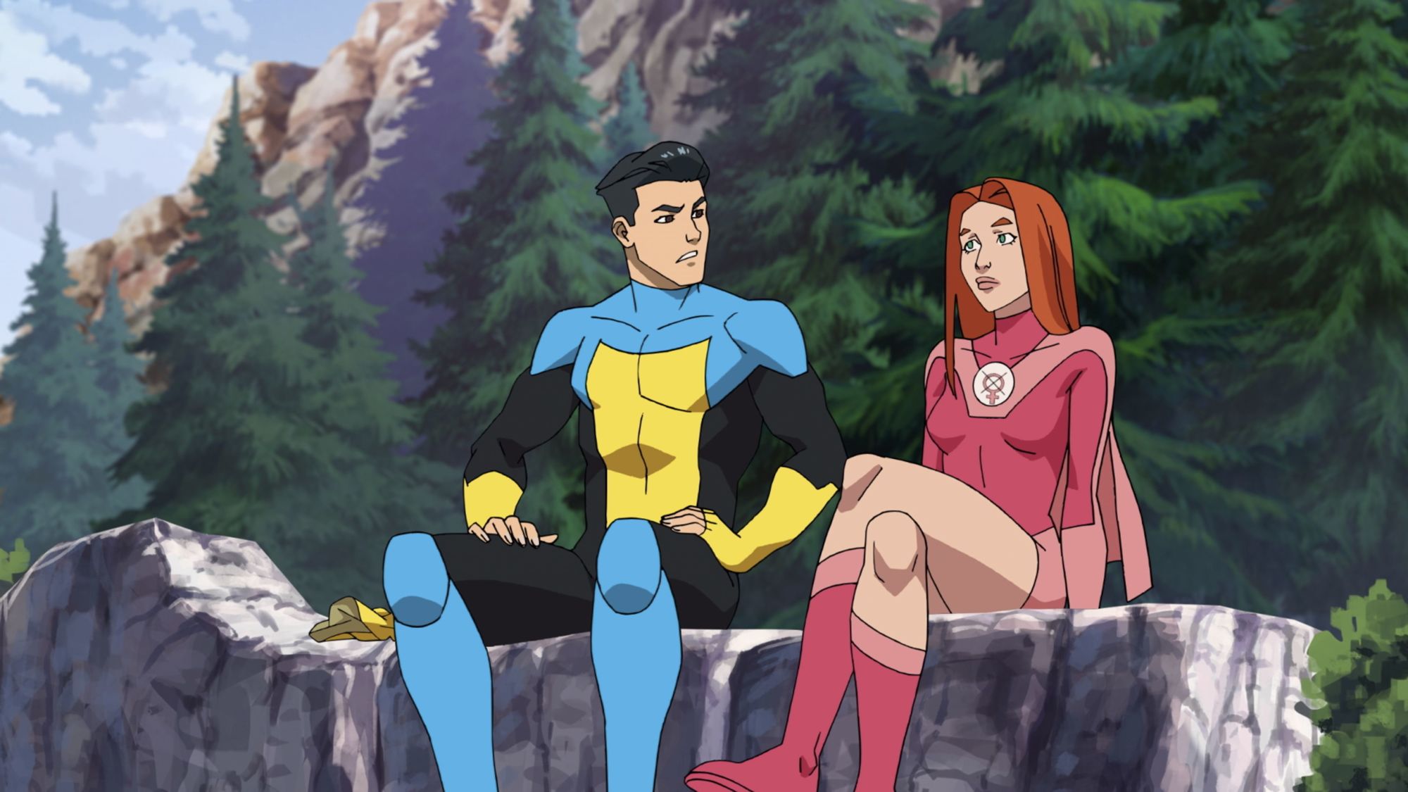 *Sing-song voice* Invincible and Atom Eve, sitting on a cliff, t-a-l-k-i-n-g. Photo source: Prime Video.