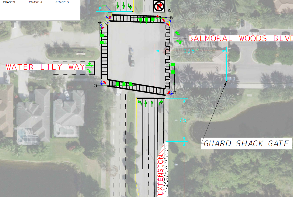 This draft, which is subject to change, shows the plan for a traffic signal, right turn lane extension and crosswalks at Lakewood Ranch and Balmoral Woods boulevards. The design is 90% complete. (Courtesy of Manatee County)