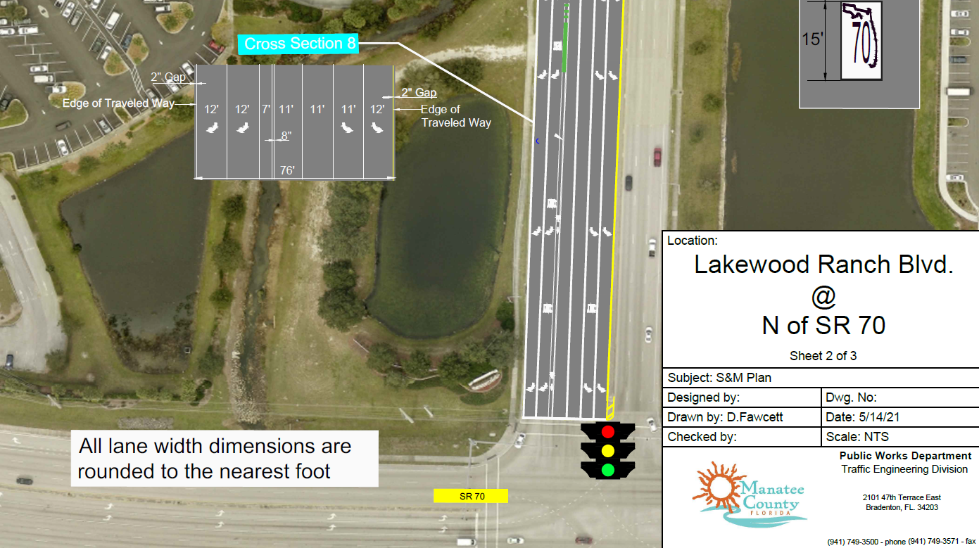 Rendering of the north side of Lakewood Ranch Boulevard at the intersection with S.R. 70, which is under review and undergoing final edits, shows a 7-foot bike lane. The southern half's design is incomplete. (Courtesy Manatee Co.)