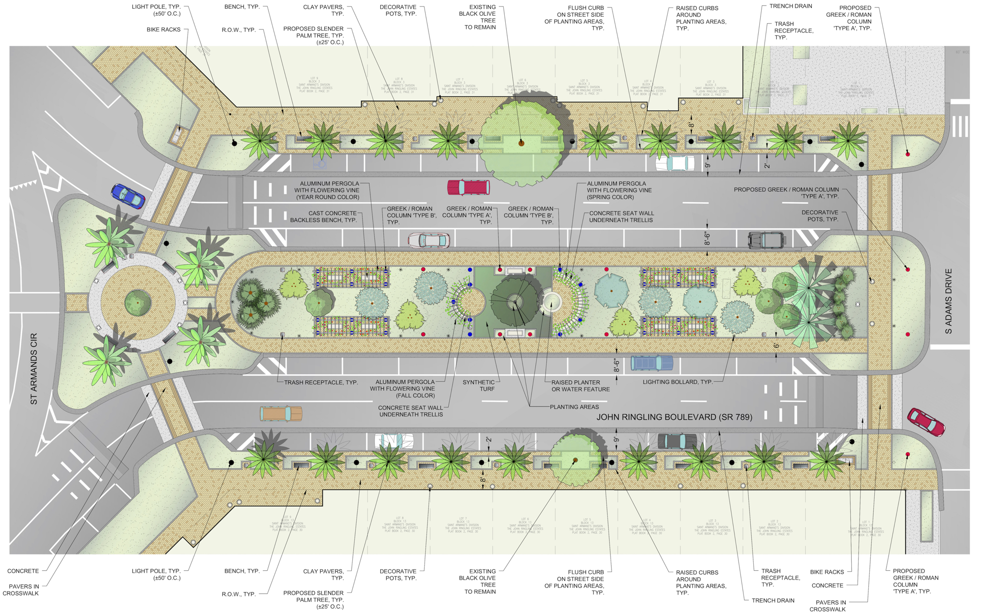The St. Armands streetscape concept design includes the use of trellises and columns as distinct visual elements. Landscape architect Phil Smith said a turfed area in the median could be used for activities such as yoga.