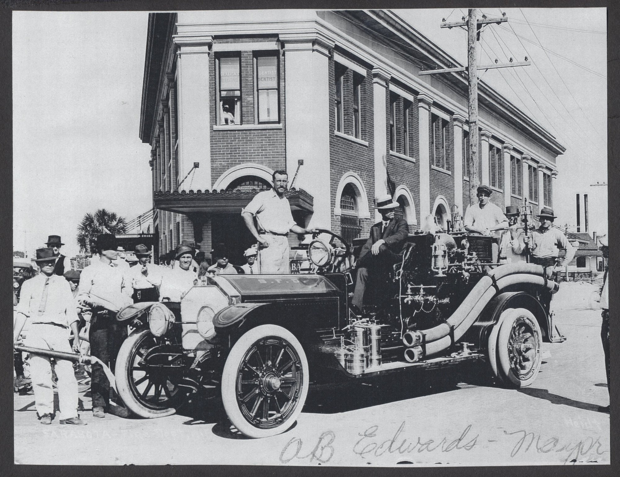 A.B. Edwards, the city of Sarasota's first mayor, poses on top of a fire engine. Photo courtesy Sarasota County Libraries & Historical Resources.