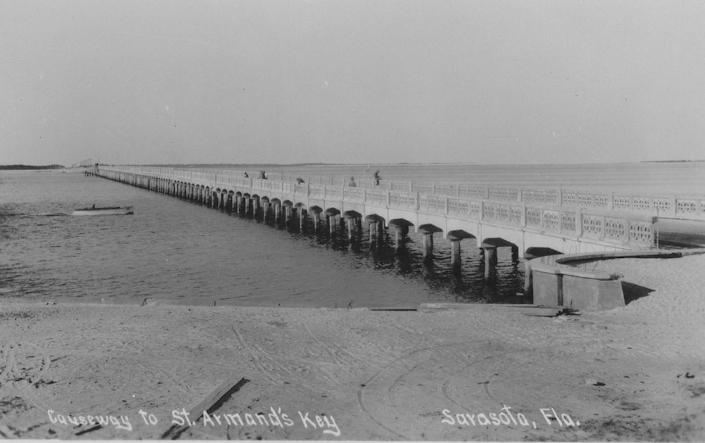 The Ringling Causeway used to be a flat bridge. Photo courtesy Sarasota County Libraries & Historical Resources.