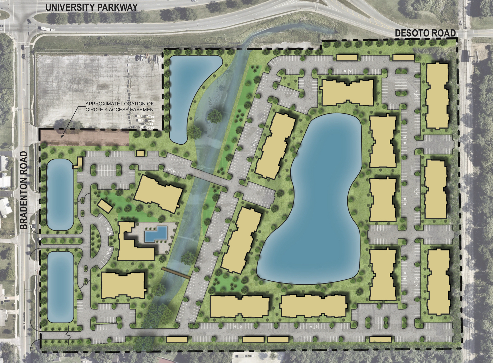 A conceptual site plan showcases the planned layout of an apartment complex on the Sarasota Kennel Club site. Image courtesy Joel Freedman. 