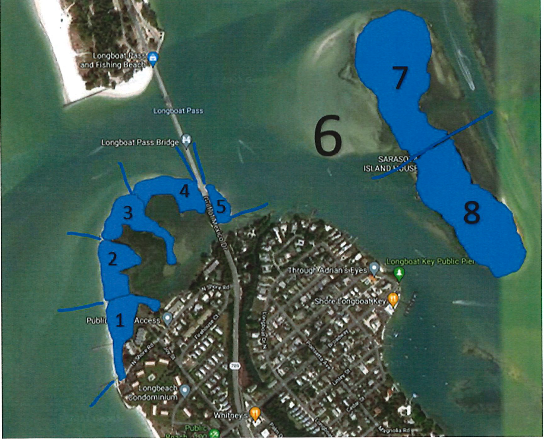 Sarasota County dispatchers began using this map on July 13. It breaks Greer Island and Jewfish Key into eight different sectors. Map provided by the town of Longboat Key.