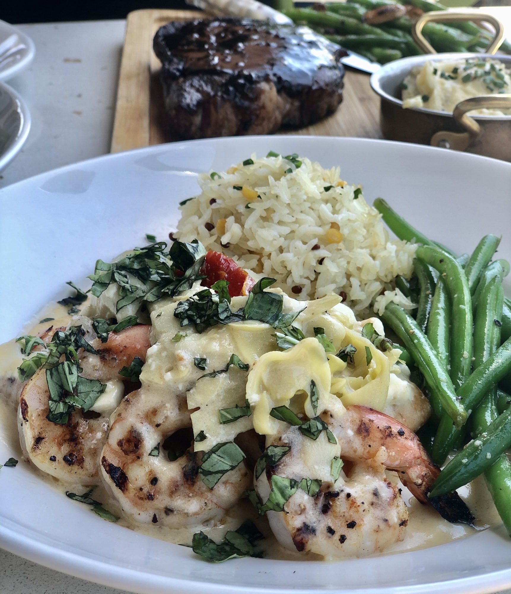 The salmon shrimp combo at Libby’s features fresh, cold water Chilean salmon and Key West pinks.